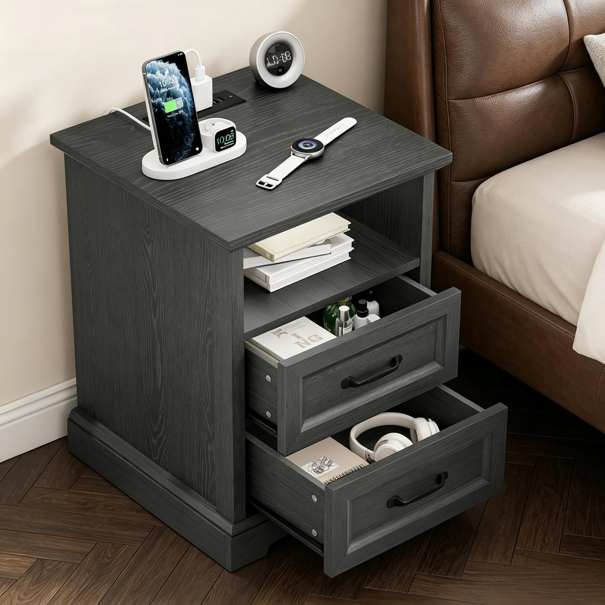 HOMMPA Farmhouse Nightstand w/Charging Station, Open Shelf 23.6''H Black