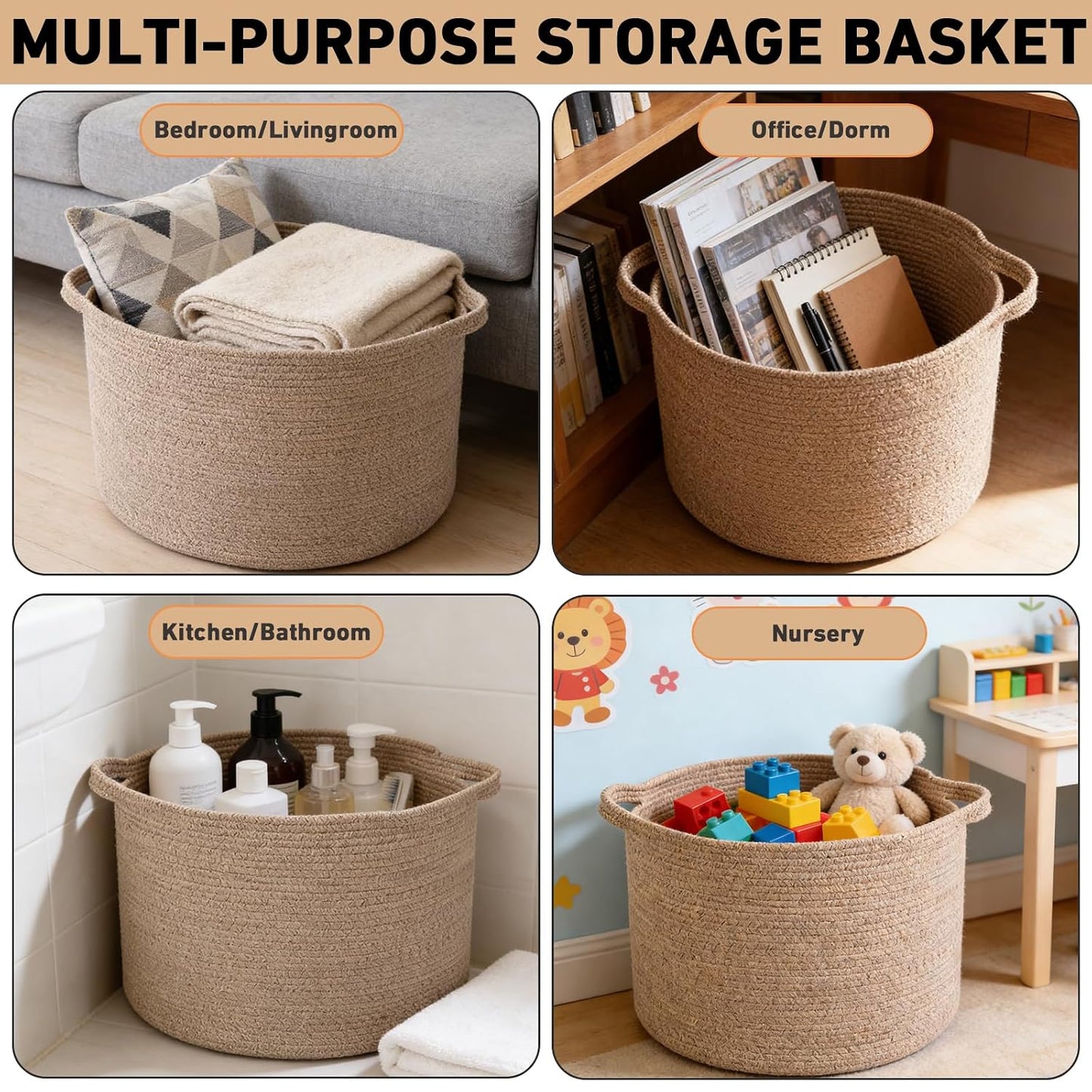 115L Large Blanket Basket,Woven Rope Laundry Basket-Brown | Collapsible, reinforced handles, nursery storage bin organizes clothes, toys and pillows for living room, bedroom bathroom.