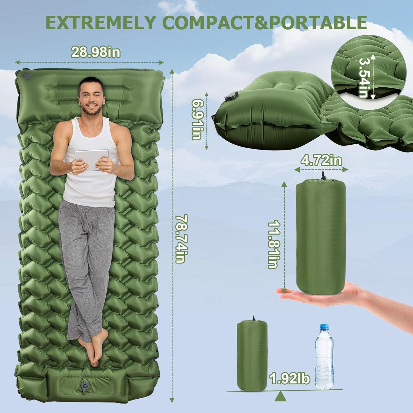 Toncoke Sleeping Pad, Extra Thick & Ultralight Inflatable Sleeping Pad with Pillow, 30s Foot Pump, 3.54” Camping Mat for Comfort, Durable for Camping, Hiking, Backpacking