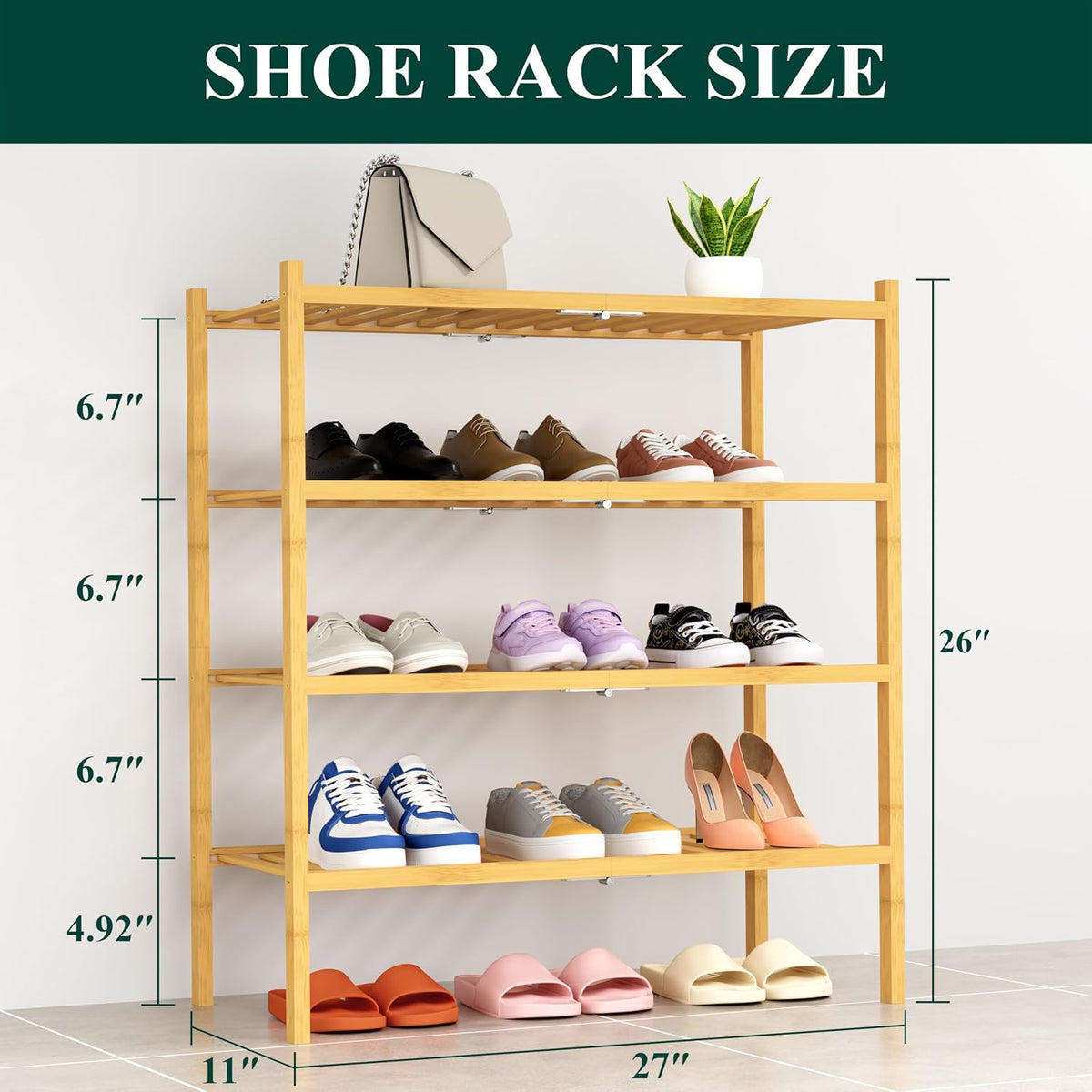 Smiry Bamboo Shoe Rack, 14 Vertical Slats, 4 Tier - 26.8" Wide, Natural