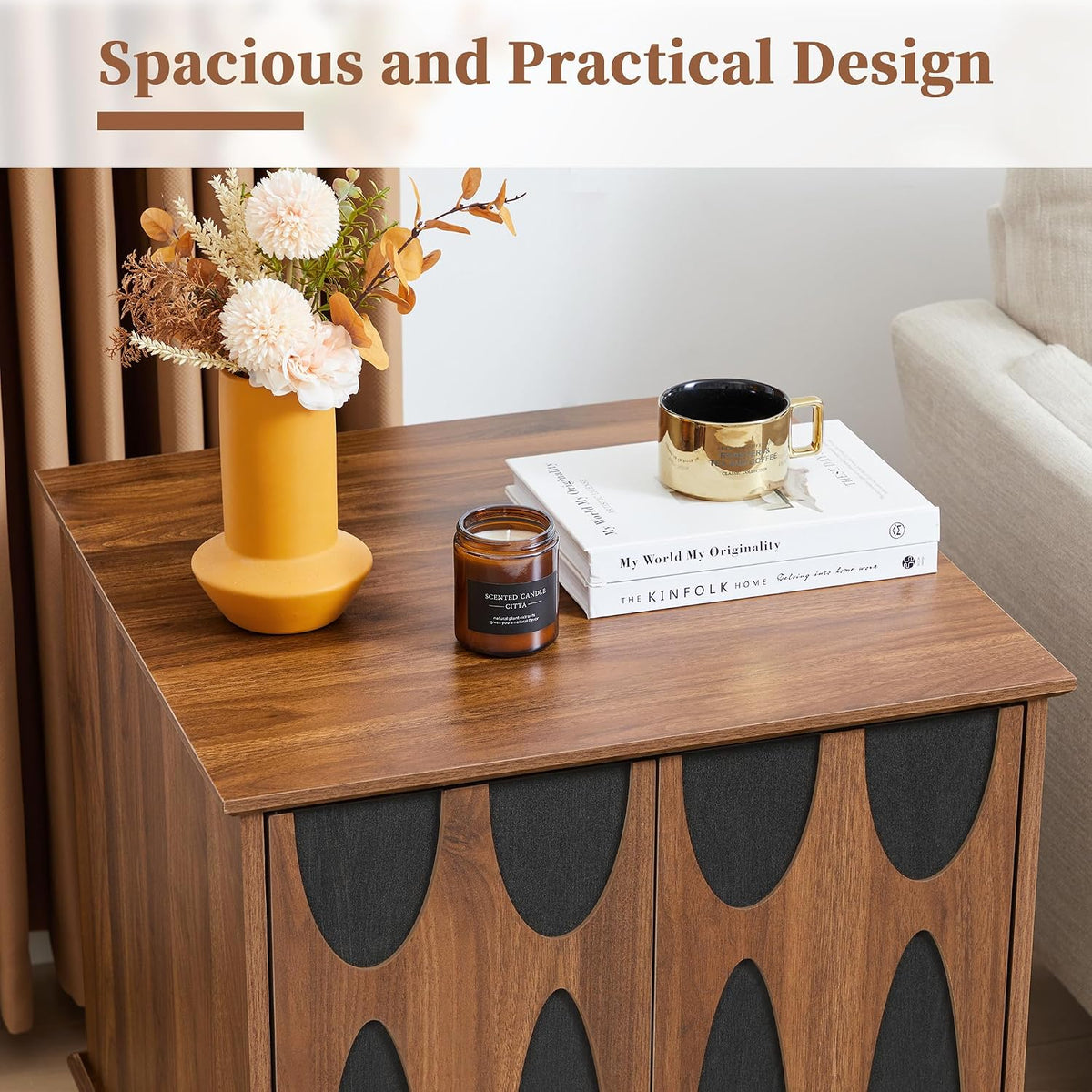 Bifins 24inch Large Square End Table with Storage, Walnut and Black