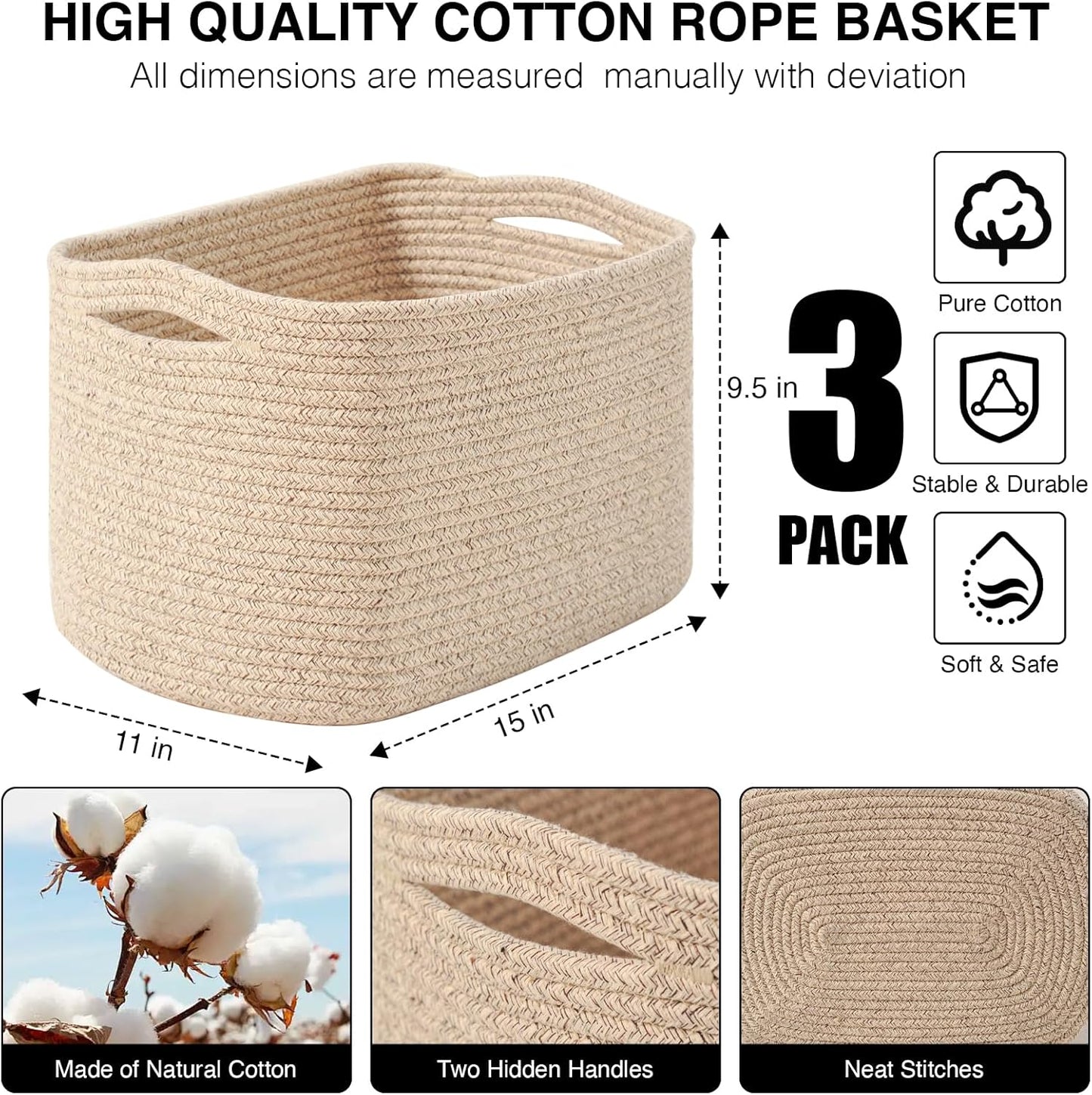 ICERZCZ Decorative Storage Baskets for Organizing Shelves, Toy Basket for Nursery, Woven Cotton Rope Baskets for Decor, Towel Basket for Bathroom, 15"x11"x9.5", 3 Packs, Brown