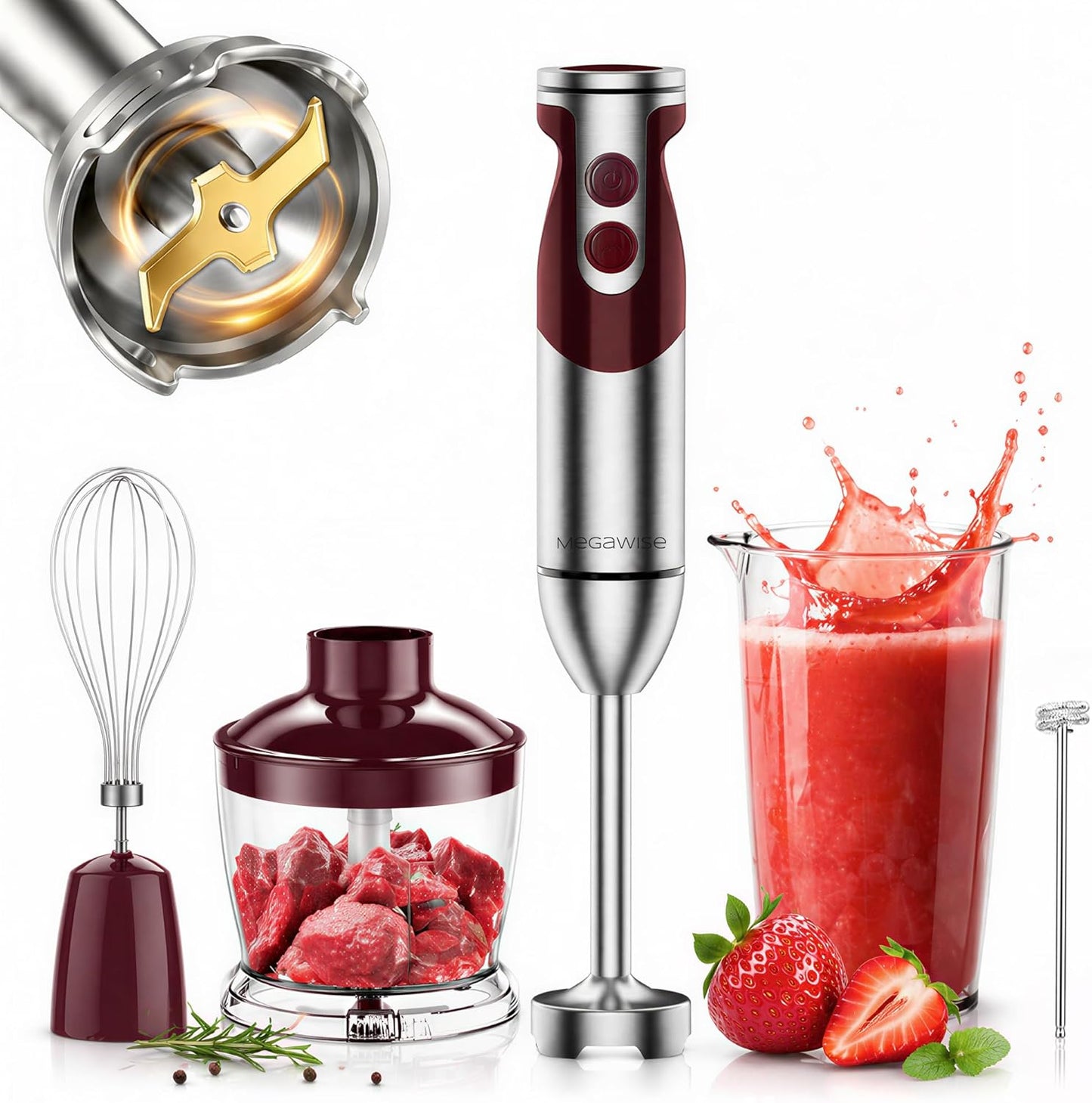 MegaWise 5-in-1 Immersion Hand Blender, Titanium Reinforced Blades (80% Sharper), 12-Speed Powerful Stick Blender with 500ml Chopper, 600ml Beaker, Whisk & Milk Frother for Smoothies, Baby Food & Soup