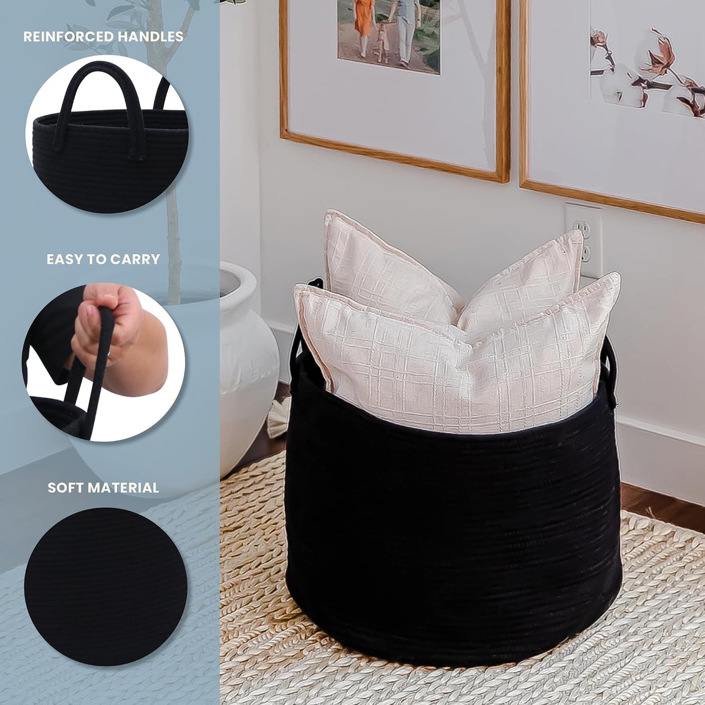 OrganiHaus Round Toy Basket & Blanket Basket, Cotton Rope 20x13" | Full Black - Round Cotton Rope Basket, 20x13"