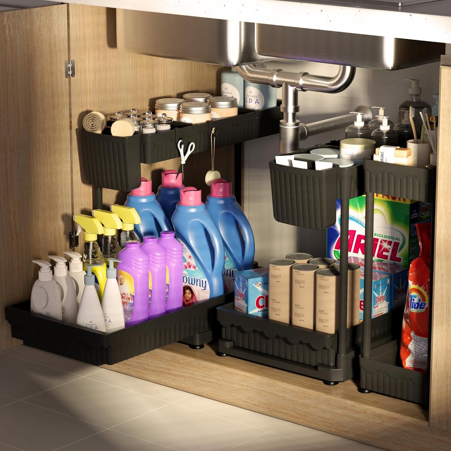 Sevenblue 3 Pack Multi-Purpose Pull-Out Storage Organizers, 2-Tier L-Shaped Under Sink/Cabinet Organizers and Storage for Bathroom & Kitchen,Grey,12.85 Inch