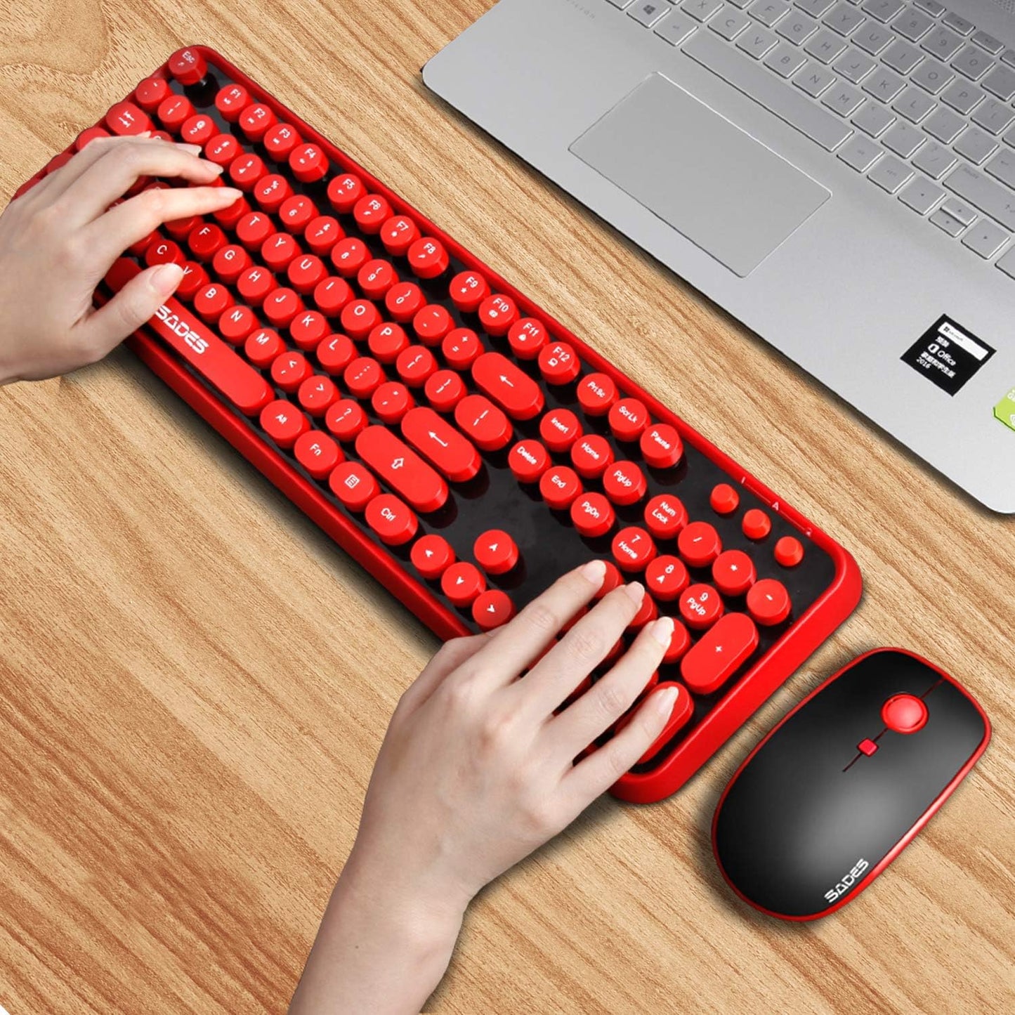 Red Wireless Keyboard and Mouse Combo, Retro Typewriter Style Round Key Keyboard with Bubble Keycaps, 2.4GHz Creamy Clicky Aesthetic Full Size Keyboard with Number Pad for PC Laptop Desktop