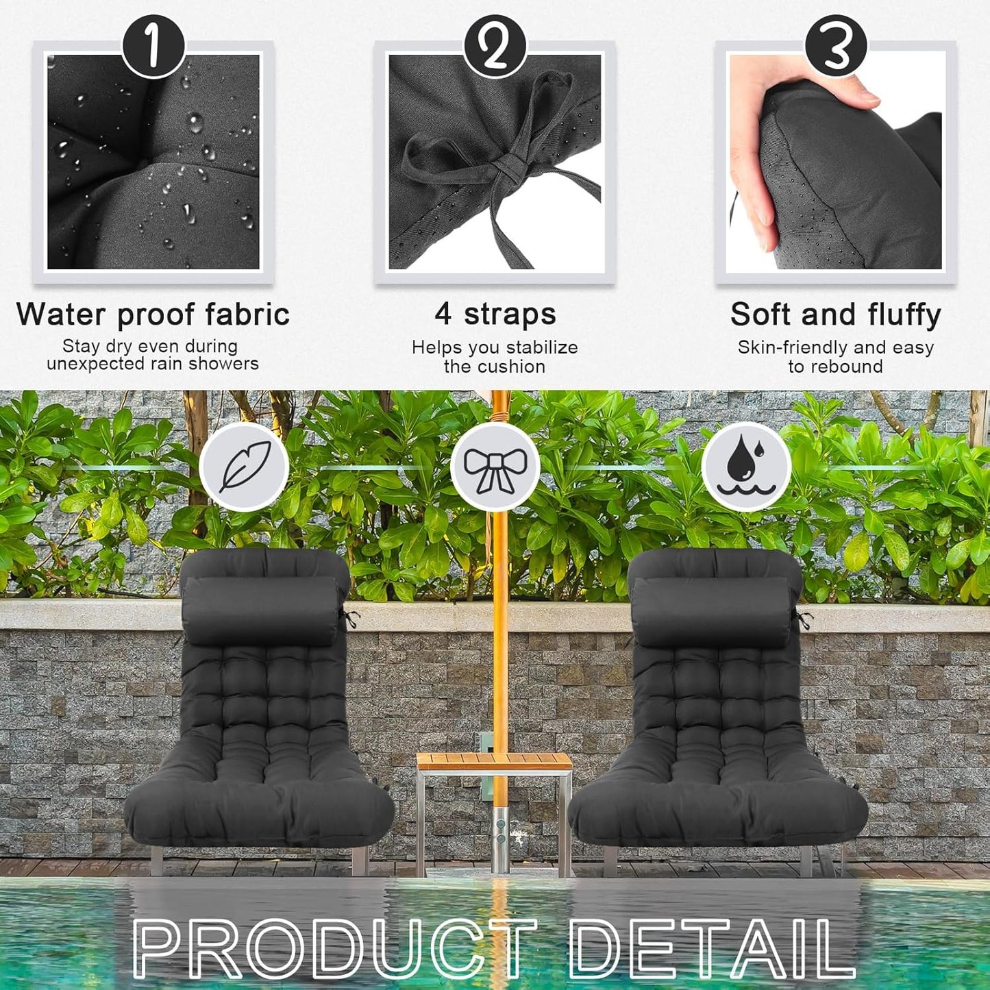 Tudomro Outdoor Chaise Lounge Cushion 66x21x4'' Waterproof & Fade-Resistant Patio Pool Chaise Lounge Cushion Headrest Pillow Tie Replacement Rocking High Back Chair(Charcoal Gray,1 Pcs)