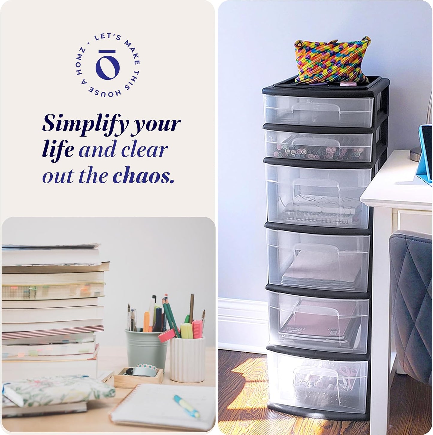 HOMZ 2-Pack Drawer Tower, 6-Tier Clear Plastic Storage Organizer Cart, Black Frame - Organizing Containers for Home, Office, Bathroom, Bedroom, and Classroom
