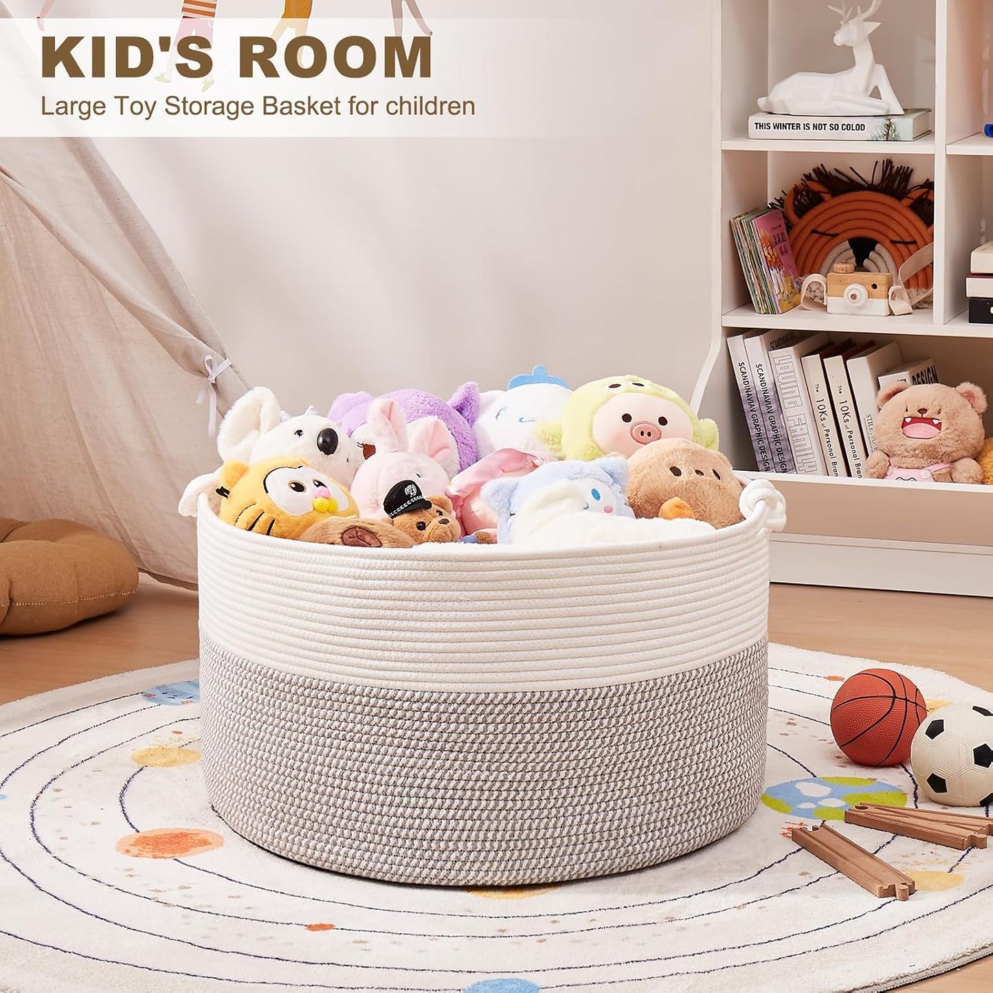 OIASKET Large Blanket Storage Basket for Living Room, 22.8" x 22.8" x 13" Woven Cotton Rope Basket with Handles, Baby Toy Storage, Laundry Hamper for Clothes, Pillows, Towels-Grey and White