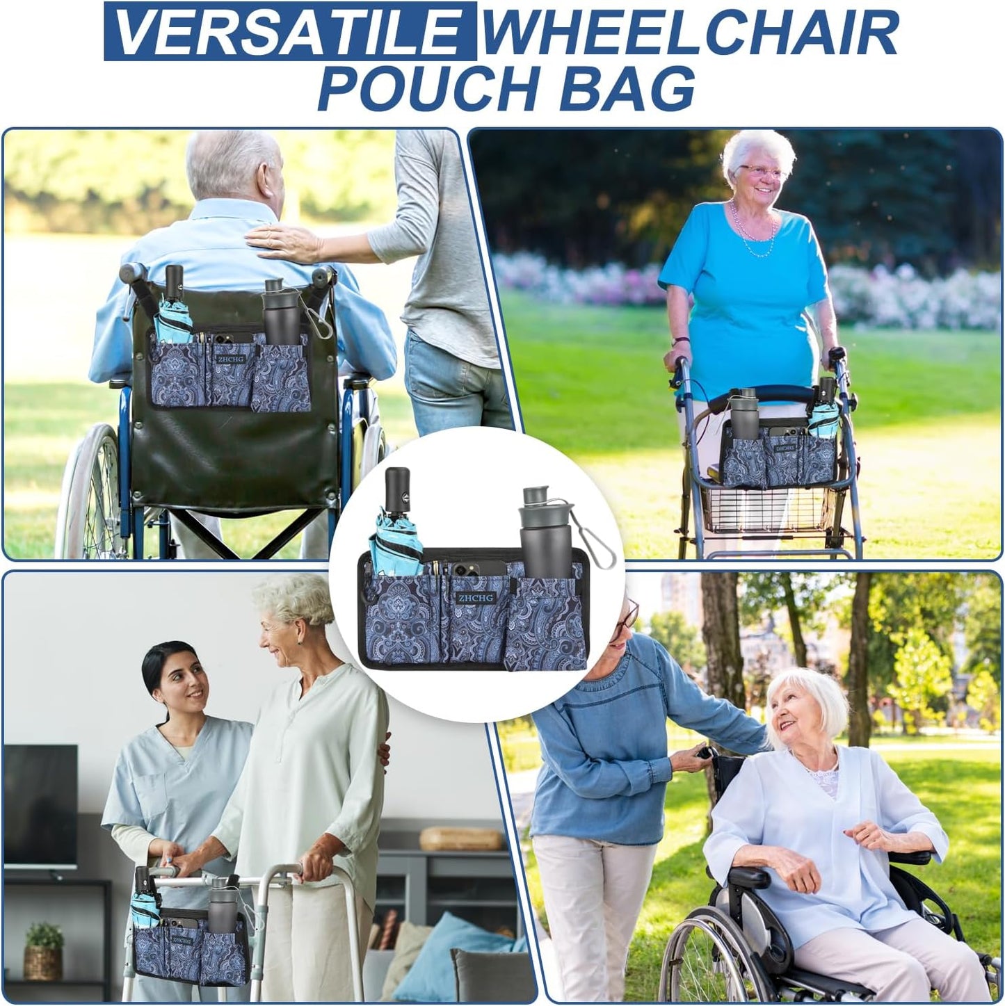 ZHCHG Wheelchair Side Bag with Cup Holder, Wheelchair Armrest Pouch Accessories for Walker, Rollator, Electric Scooter Wheelchairs, Ideal Gift for Mother's Day & Father's Day- Navy