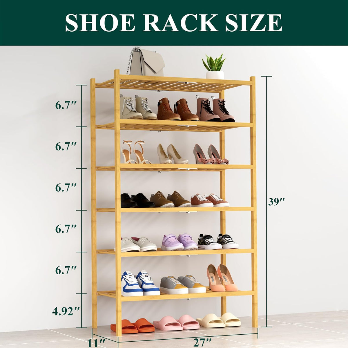Smiry Bamboo Shoe Rack, 14 Vertical Slats, 6 Tier - 26.8" Wide, Natural