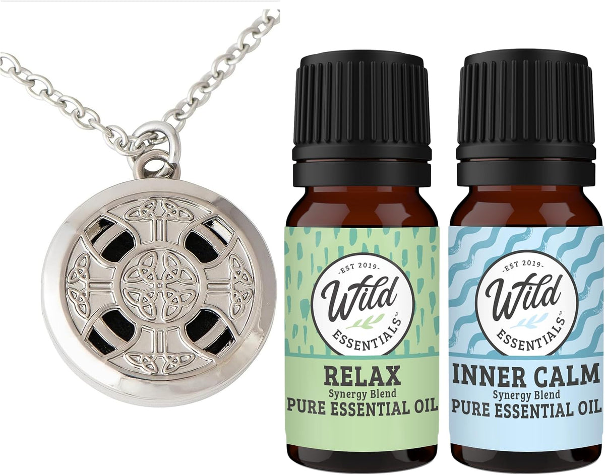 Wild Essentials Celtic Cross Essential Oil Diffuser Necklace Gift Set with Inner Calm & Relax Oils – Nickel Free Alloy Pendant with 12 Color Pads – USA Made Oils & Perfume Necklace – Family Company