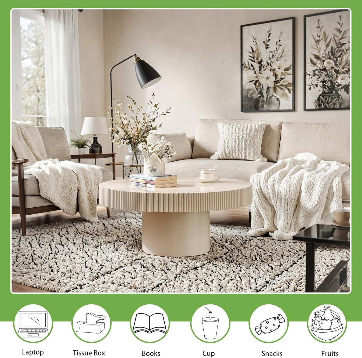 Handmade Wooden Drum Coffee Table (A White 30.7in) | Elegant Round Fluted Wood Coffee Tables, Rustic Modern Circular Centerpiece for Living Room & Farmhouse Decor