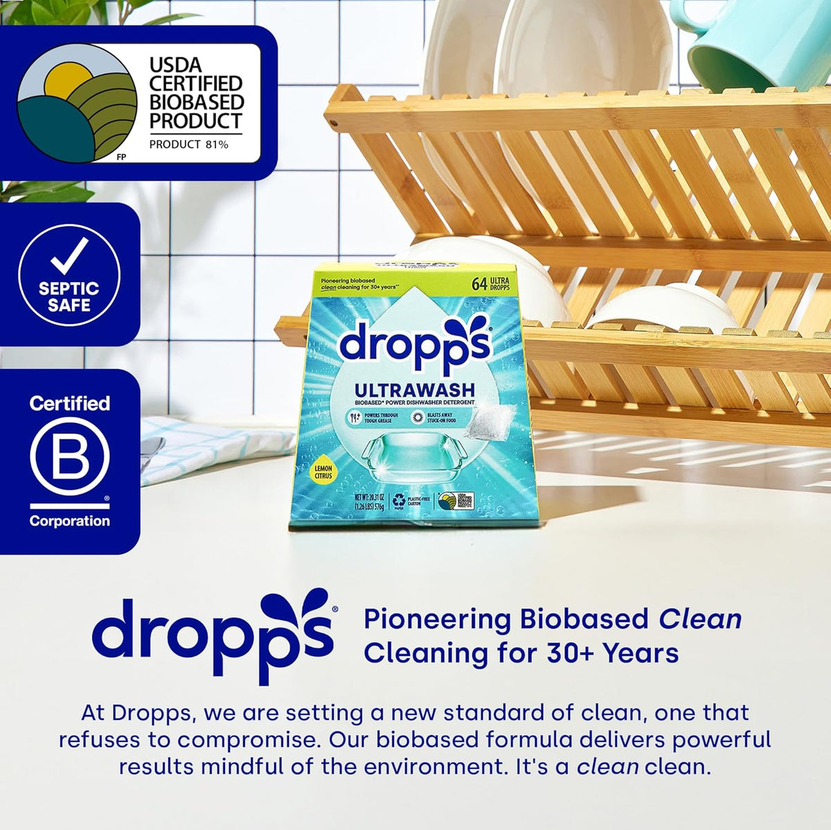 Dropps UltraWash Dishwasher Detergent Pods, Unscented (32 Ct) - Free & Clear | Cuts Grease & Stuck-On Food | Sparkling Dishes & Glasses | Residue-Free | Clean Ingredients | Plastic Free Packaging