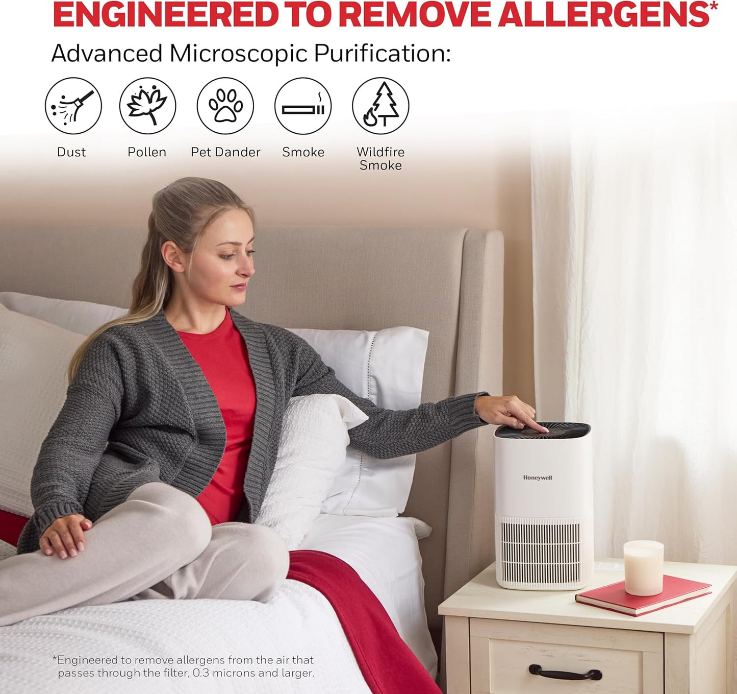 Honeywell Allergen Plus Compact Small Room HEPA Air Purifiers for Home, Up to 530 Ft² Coverage, 3-in-1 Filter, Pet Dander, Smoke & Odor Reducer Air Quality Sensor with Auto Mode, White, HPA125W