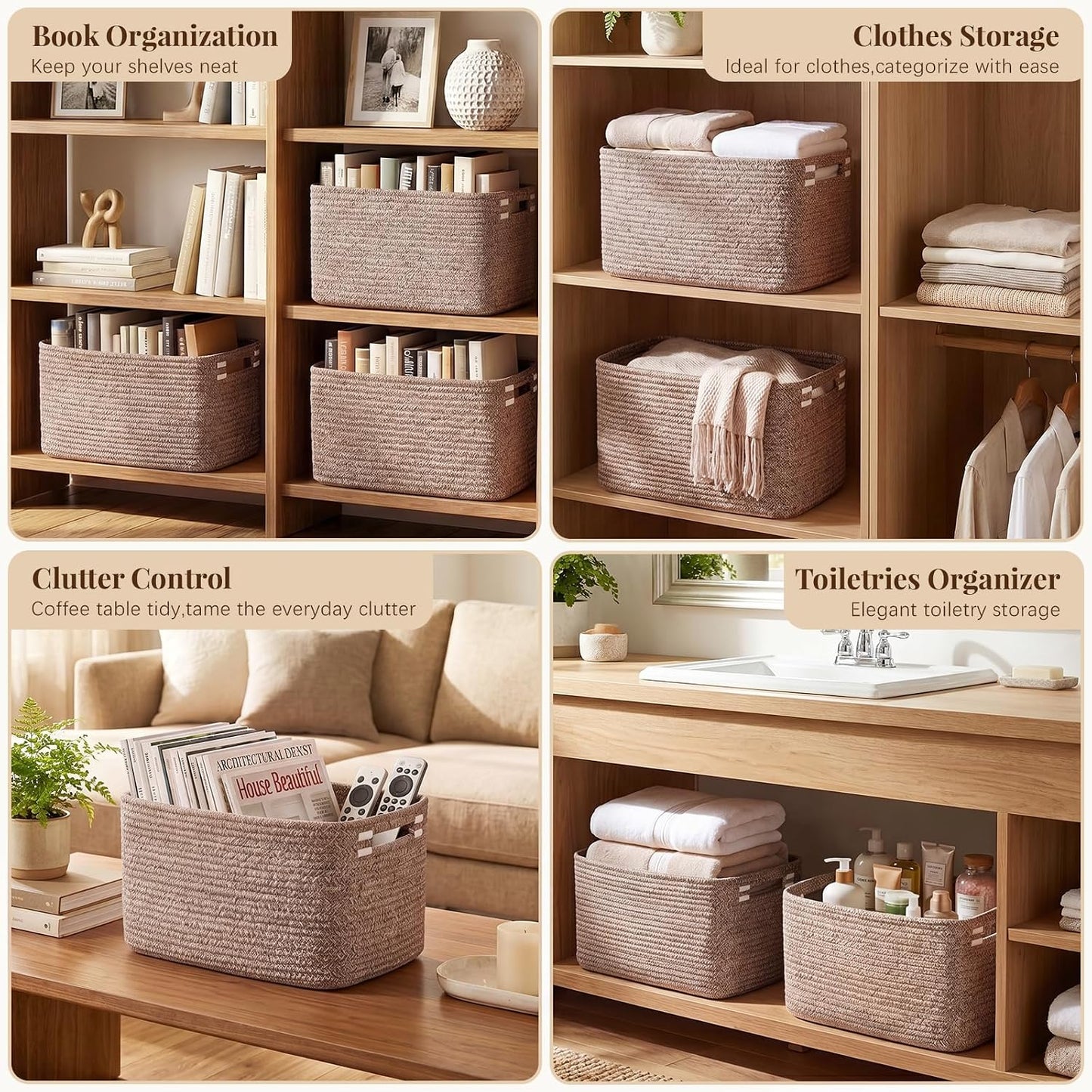 OIASKET 4Packs Natural Cotton Rope Storage Baskets for Organizing Toys, Clothes, Towels & Books, Soft Versatile Organizers for Shelves, Home Decorative Bins, 13''Lx9''Wx7.8''H, Linen Brown