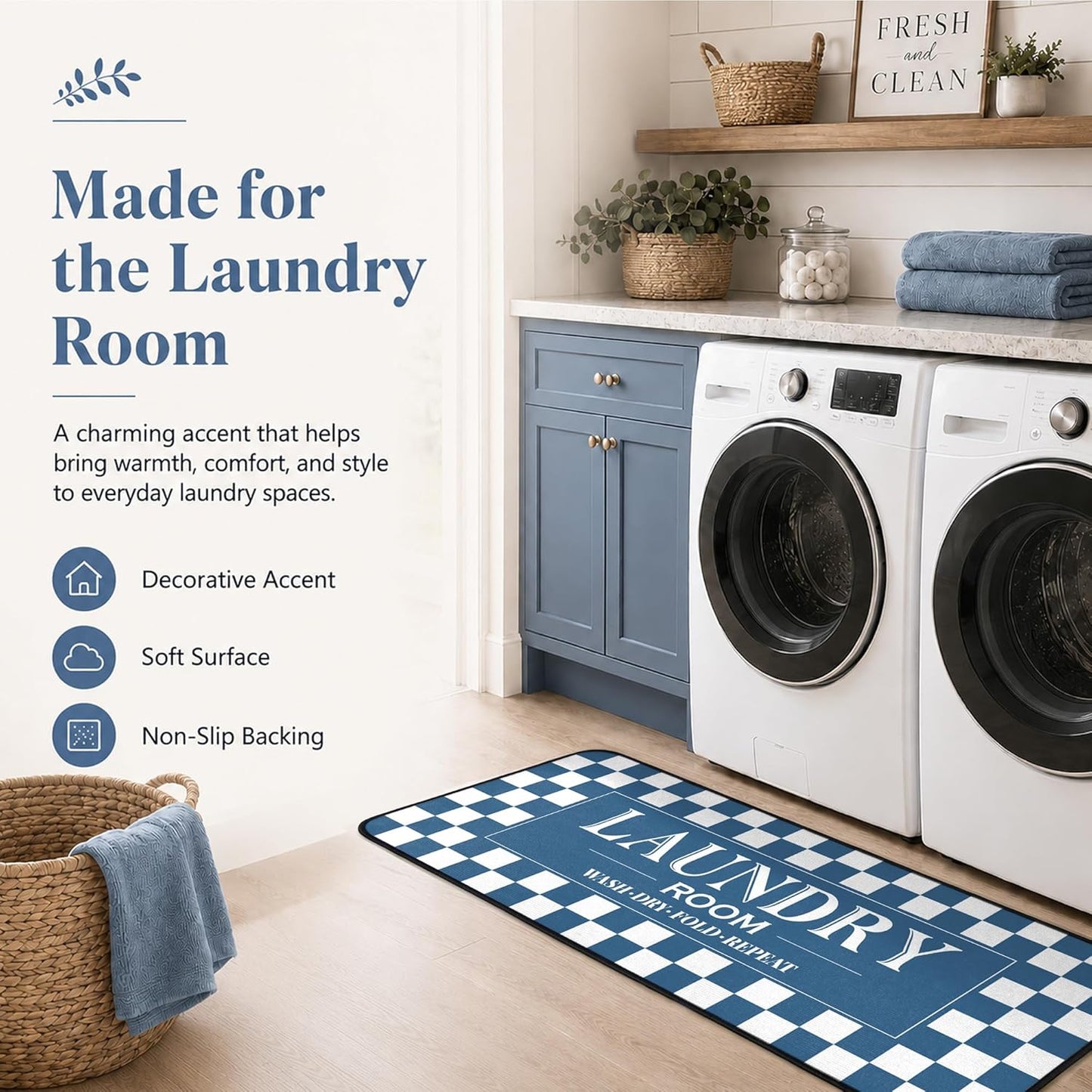 ROMAMIGO Laundry Room Rug Runner Non Slip Laundry Mats Mudroom Laundromat Runner Farmhouse Kitchen Floor Mat Bathroom Laundry Room Decor Accessories(20 X 47 inch, Blue Checkerboard)