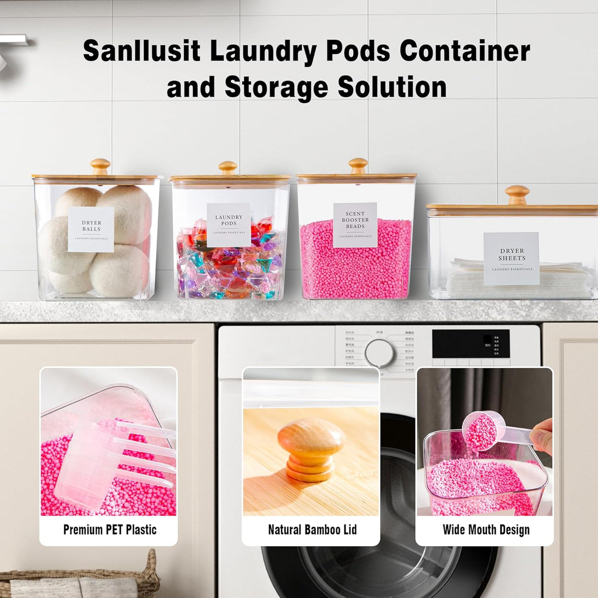 Laundry Room Organization Container, 4pcs Acrylic Laundry Pod Storage Containers, Dryer Sheet Holder Jars with Bamboo Lids and Labels for Scent Booster Powder Detergent Pods Storage