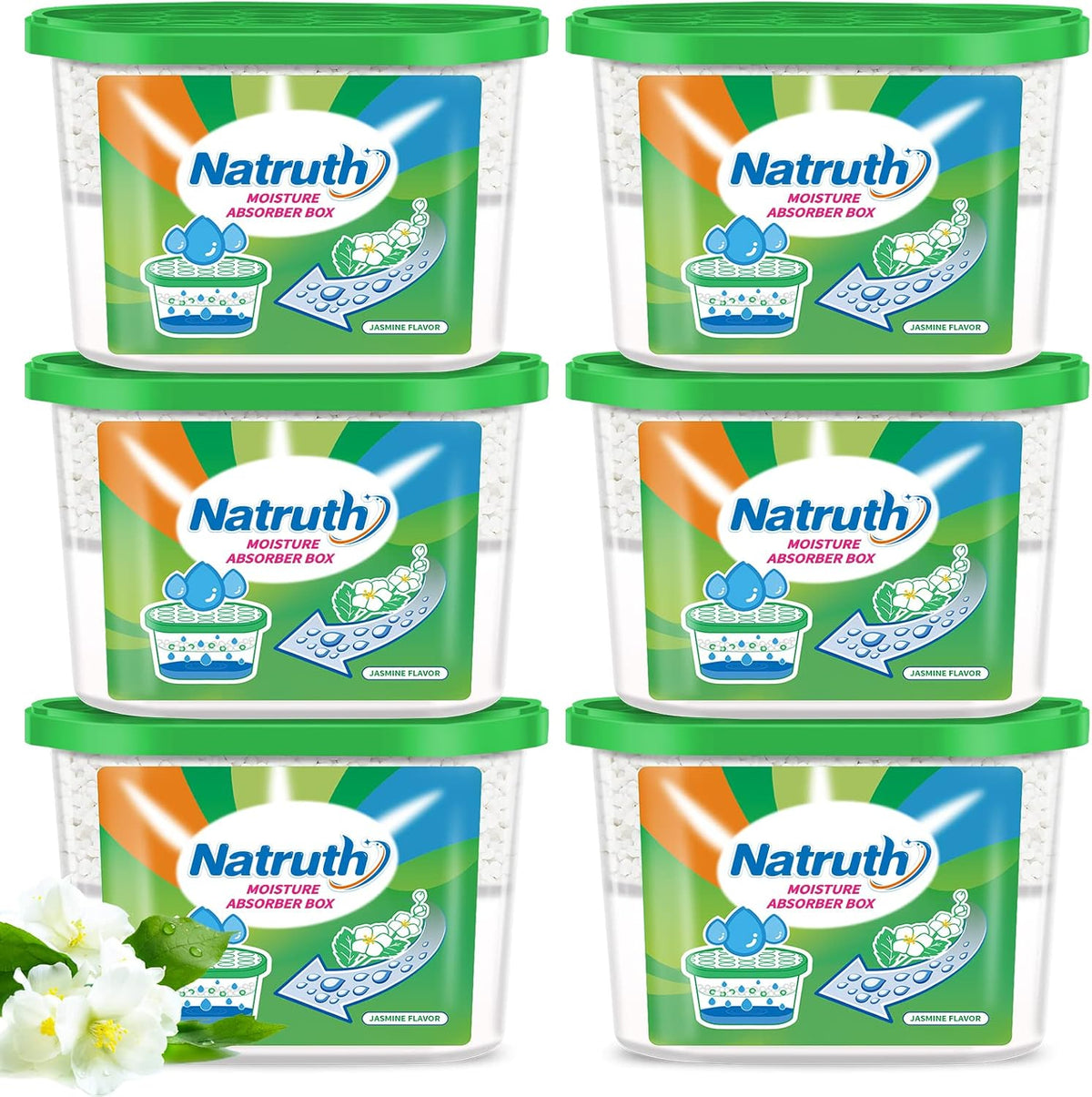 NATRUTH Moisture Absorber boxes, Jasmine 800ml(6 PACKS)*12.5OZ Closet Dehumidifier, Eradicate Odor Moisture Absorbers Bucket, Humidity Absorber,Dehumidifier for Closet,Bathrooms, Kitchen & Boats