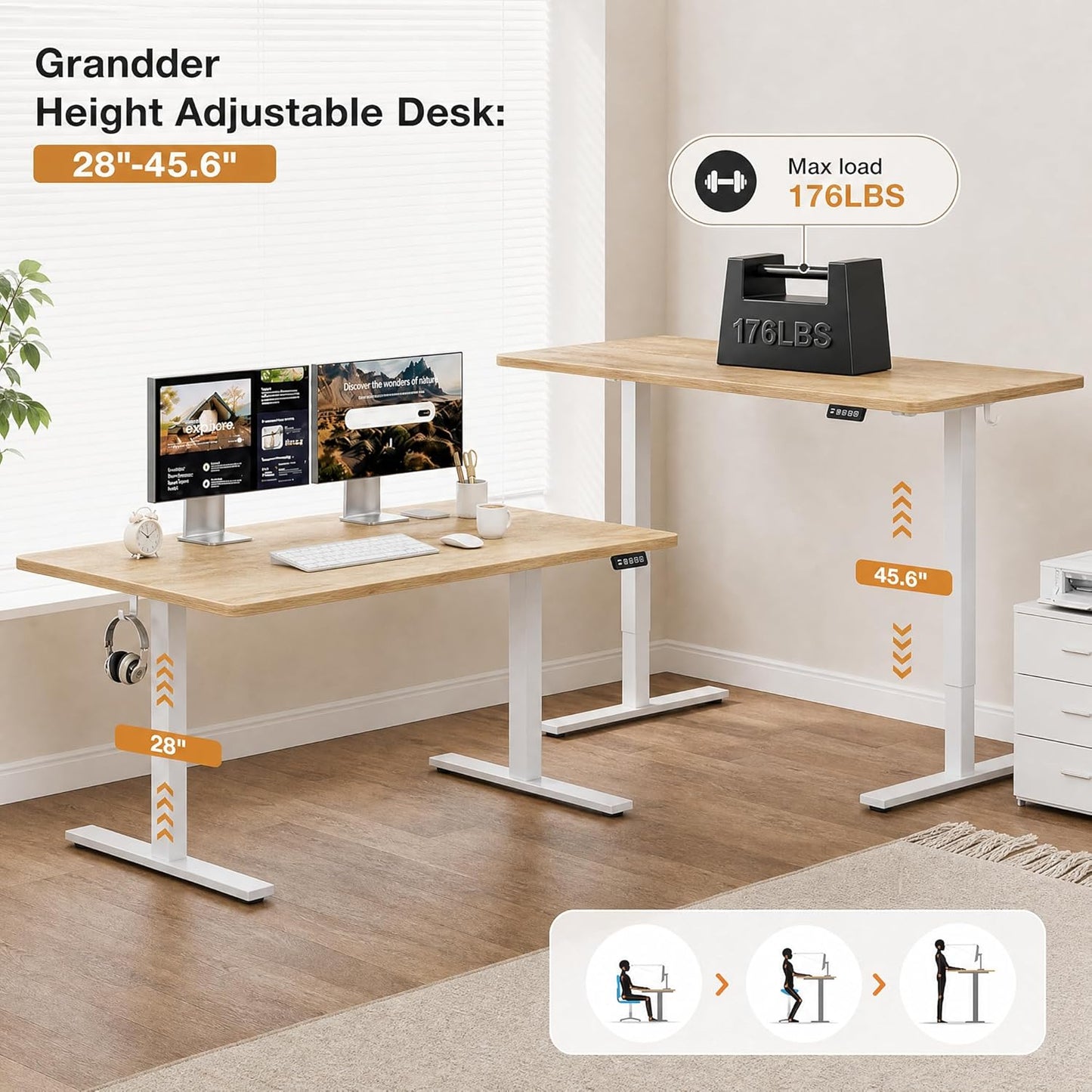 Grandder 55x32 Extra-Deep Electric Standing Desk, Wide Desktop Fits 49" Ultrawide Monitor+Dual Screens, 176 lbs Capacity, 2 Memory Presets, Anti Collision, Computer Desk for Home Office & Gaming, Oak
