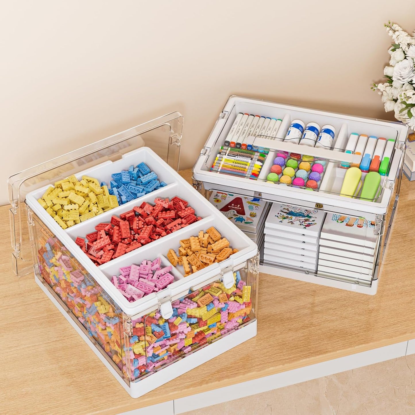 24QT 2Packs Clear Craft Organizers and Storage with Trays, Art Supply Organizer and Storage, Craft Storage Box with Lid for Beads, Markers, Coloring Books, Sewing, Playdoh and Tools
