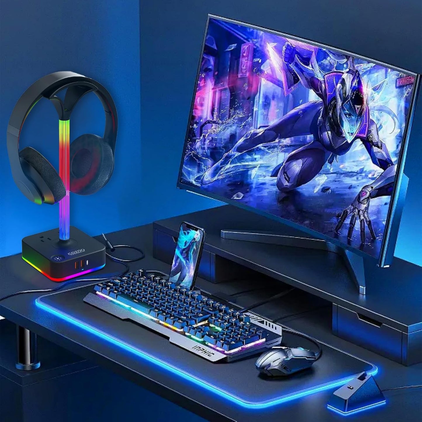 cozoo RGB Headphone Stand with Charger 3 USB Ports and 2 AC Outlets,2 USB-A 1 Type C,Desk Gaming Headset Holder with 9 Light Modes,PC Gaming Desk Accessories,Gamer Gifts,RGB Gaming Stuff Headset Stand