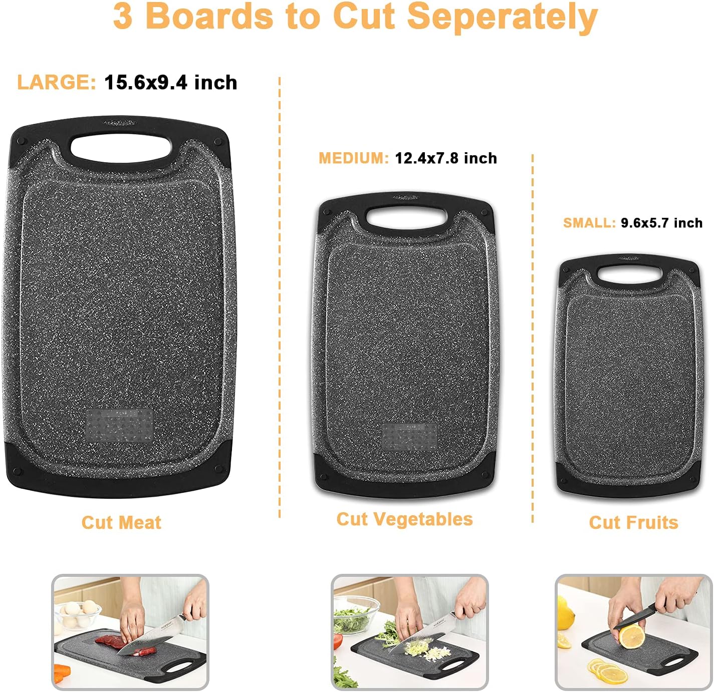 Viretang Plastic Cutting Boards Set of 3 for Kitchen, Thick Chopping Board with Deep Juice Grooves, Non‑Slip Feet, Easy Grip Handle, BPA Free, Dishwasher Safe,Black