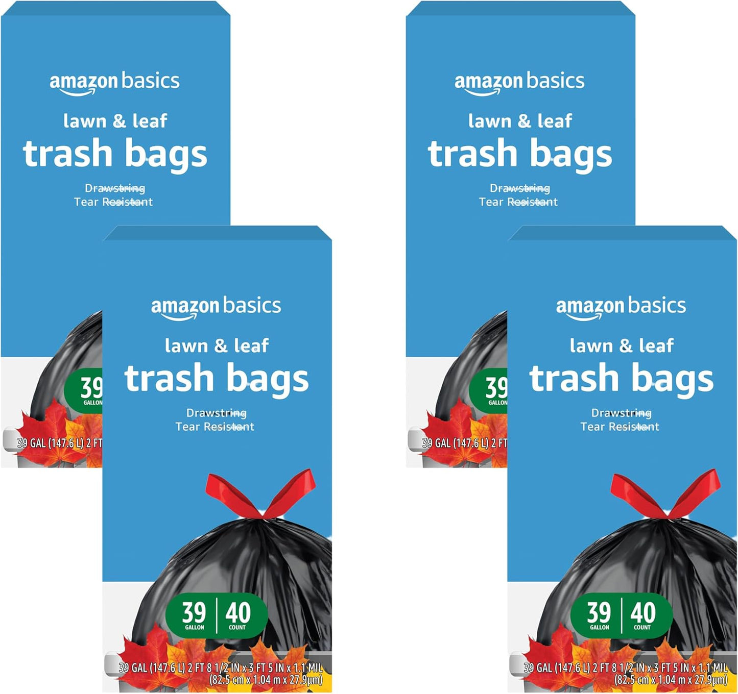 Amazon Basics Lawn & Leaf Drawstring Trash Bags, 39 Gallon, 40 Count, Black, Unscented