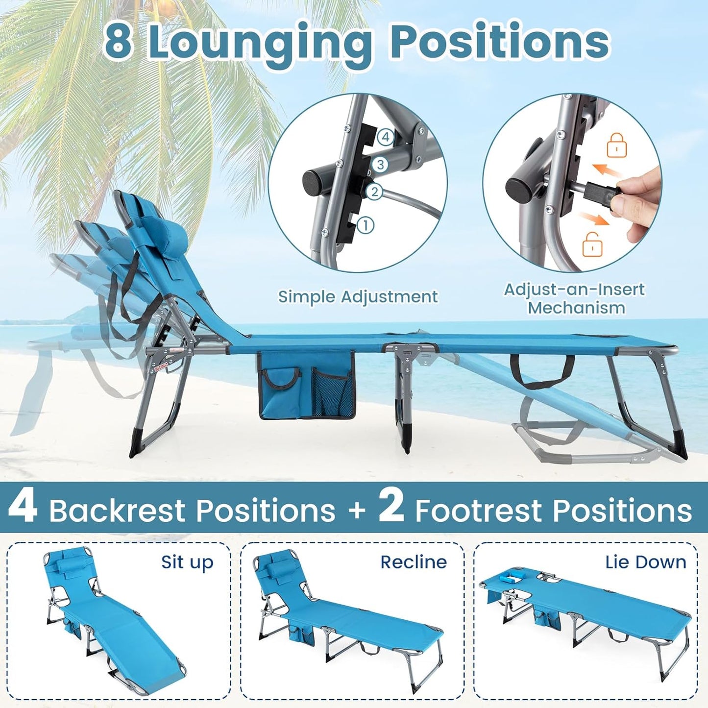 COSTWAY Tanning Chair with Face Hole, Folding Beach Lounge Chair with 4-Position Adjustable Backrest, Pillow & Side Pocket, Foldable Chaise Lounge Chair Outdoor for Sunbathing, Camping (1, Blue)