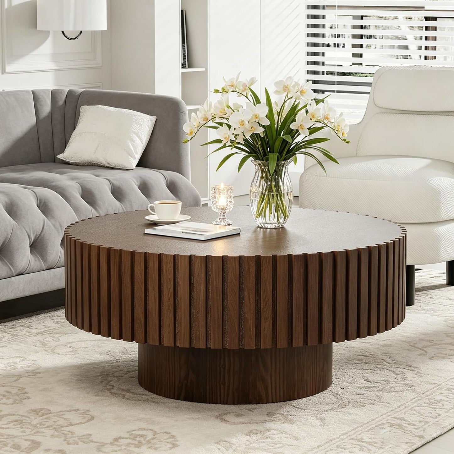 31.5" Modern Round Coffee Table (Round Brown) | Contemporary Circle Fluted Center Table, Solid Wood Relief, Vintage Wooden Accent Table, For Living Room, Small Spaces