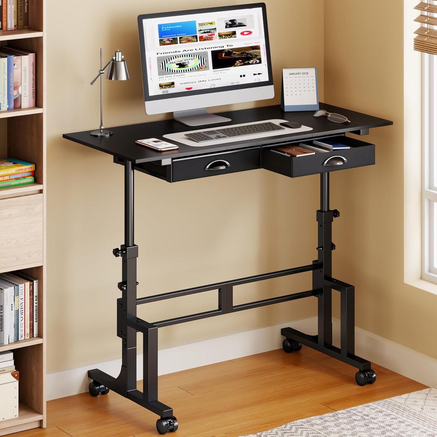 Jsskeeim Adjustable Standing Desk with Drawers, Rolling Sit Stand Desk with Wheels for Walking Pad, Small Mobile Computer Desk for Home Office, Portable Height Adjustable Desk 31.5"-43.3", Black