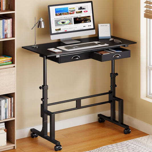 Jsskeeim Adjustable Standing Desk with Drawers, Rolling Sit Stand Desk with Wheels for Walking Pad, Small Mobile Computer Desk for Home Office, Portable Height Adjustable Desk 31.5"-43.3", Black