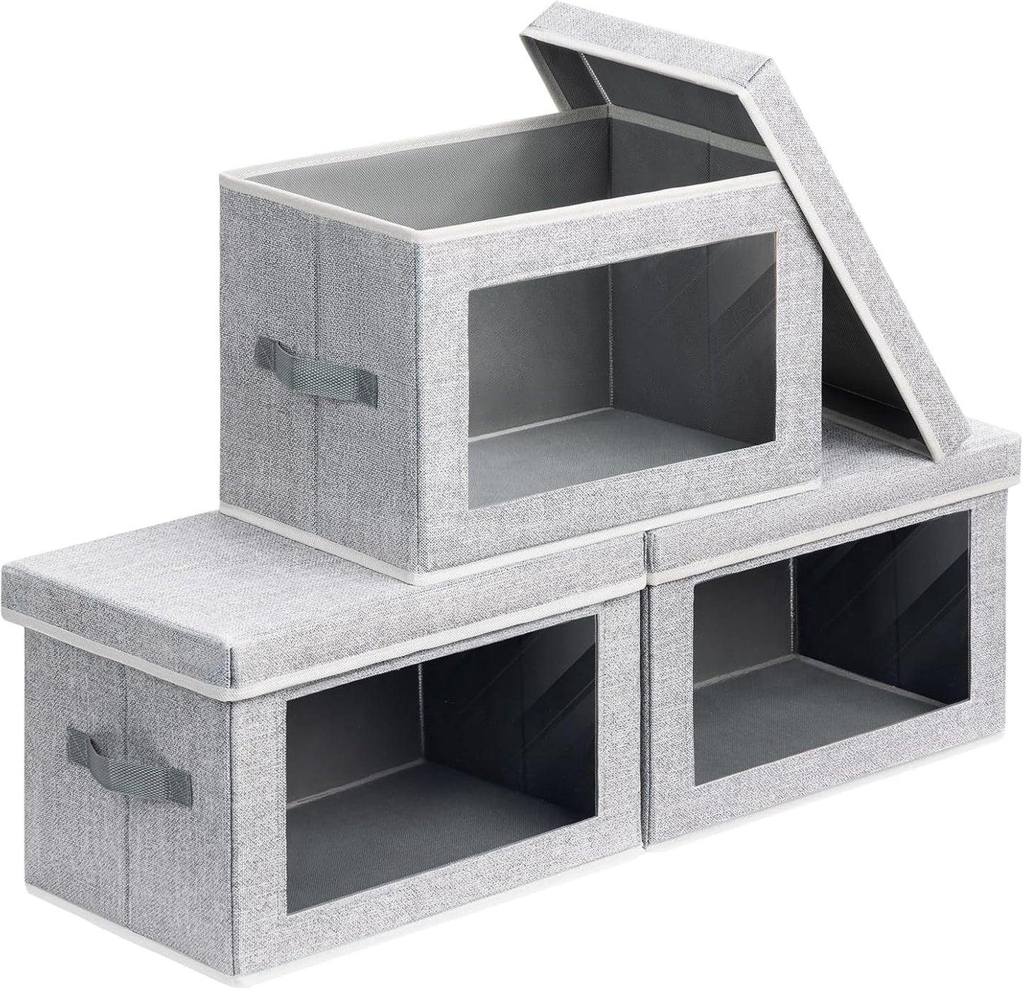Homsorout Storage Boxes with Lids - 3 Pack Fabric Clear Window Storage Bins, Collapsible Storage Bins with Lids, Linen Closet Organizer for Clothes, Towel, Blanket, Light Grey