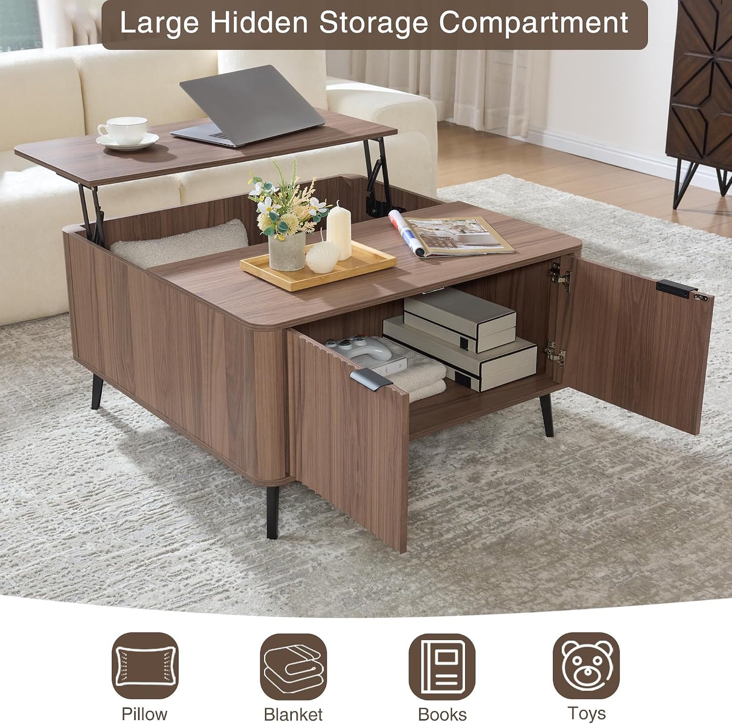 Fatmok Large Lift Top Coffee Table with Hidden Compartment, 35.4" Wide Oversized Square Coffee Table with Storage, Mid Century Modern Fluted Center Table for Home Living Room, Brown
