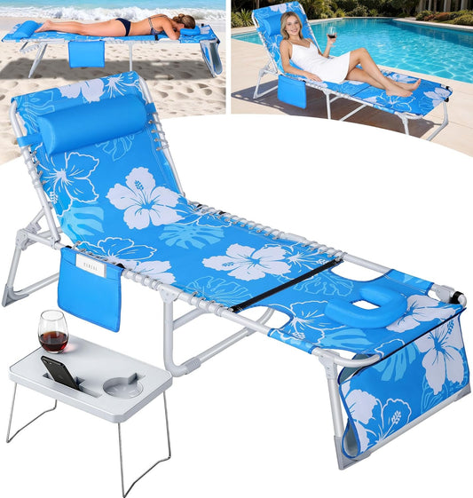 KingSom Sun Tanning Chair with Face Hole,Beach Lounge Chair with Folding Side Table,6-Position Recliner Chaise Lounge Chair,Pool Lounge Chair Outdoor Lay Flat with Pillow & Pocket,Max 350lbs-White