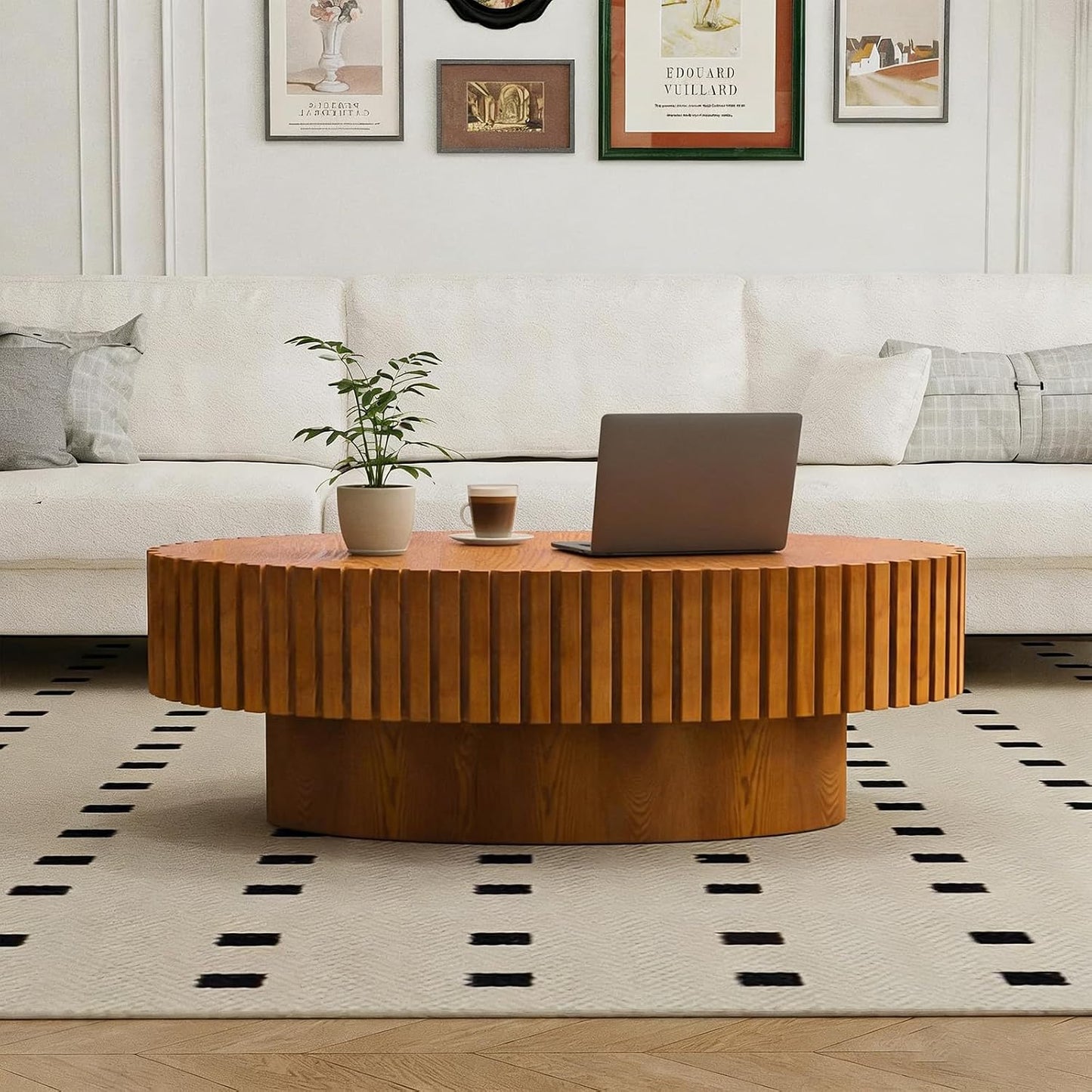 Oval Fluted Coffee Tables 43.3" (Oval Wood) | Modern Wood Accent Table, Contemporary Drum Center Table, Sturdy Pedestal, Mid Century Style, For Living Room Apartment