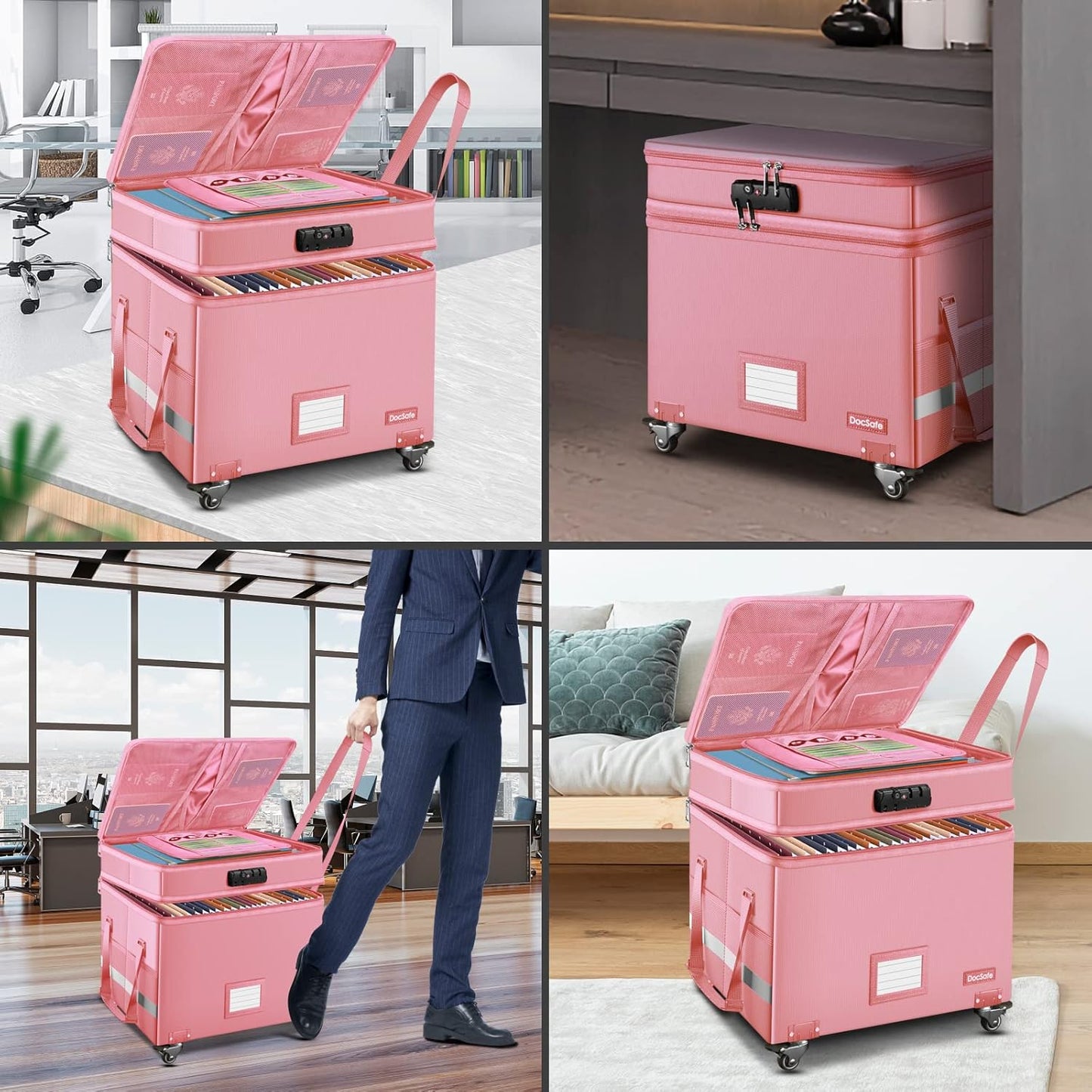 DocSafe File Box with Lock,2-Layer Fireproof Document Box with Wheels,Collapsible Rolling File Storage Organizer with Pockets,Large Portable Home Office Filing Cabinet Safe for Hanging Folders,Pink