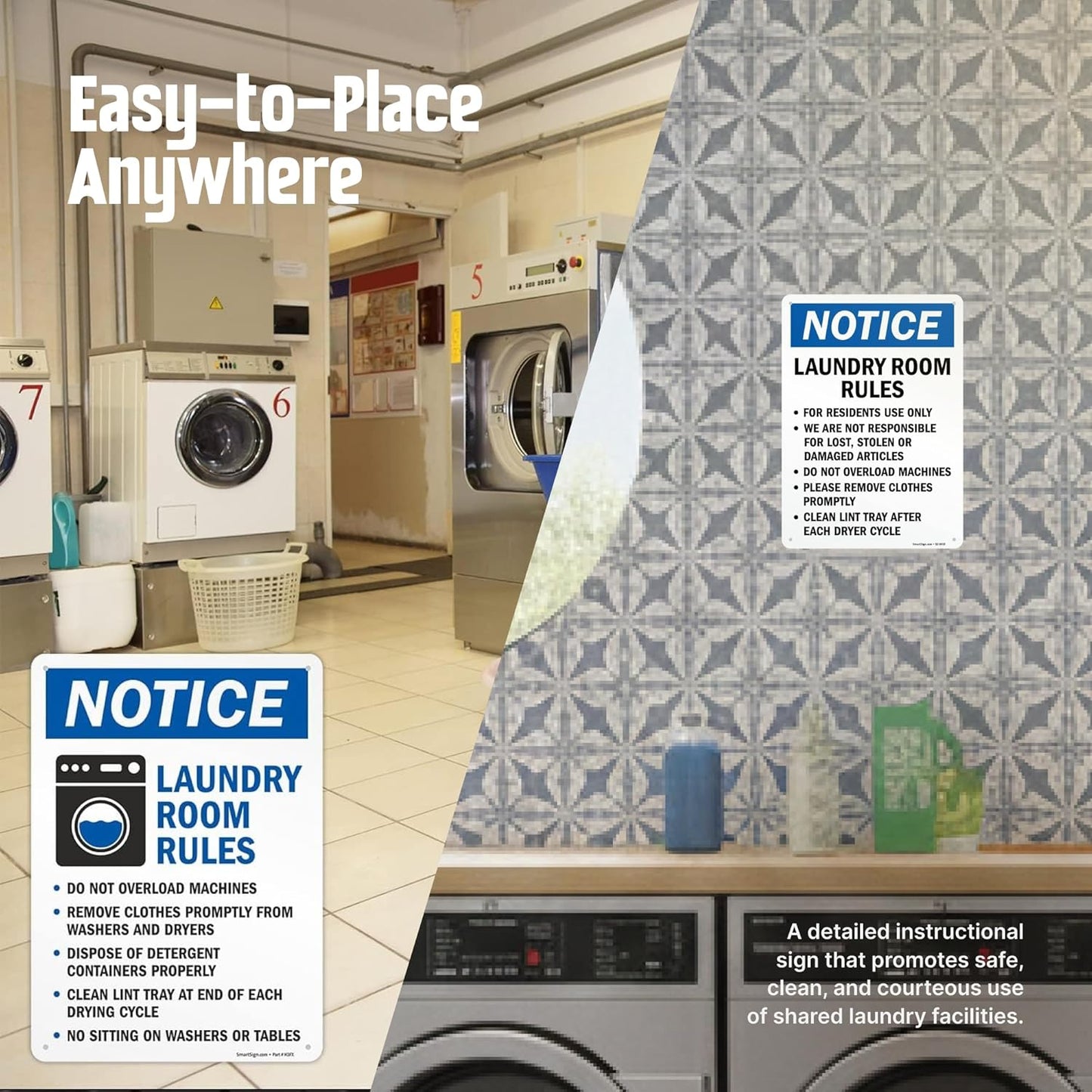 SmartSign Laundry Room Rules 'Notice - No Overload, Remove Clothes, Dispose Detergent, Clean Lint, No Sitting' Metal Sign, 14" x 10", 40 mil Laminated Aluminum, Blue/Black/White, USA-Made