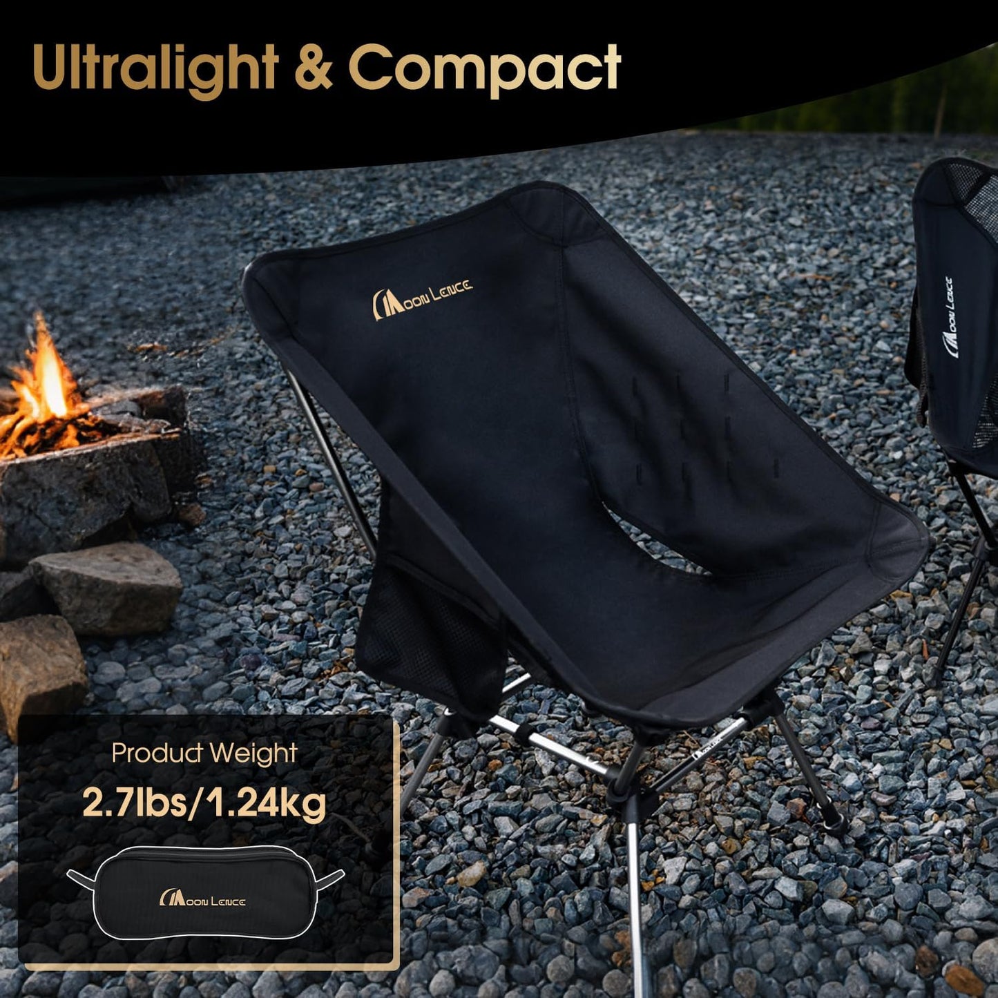 MOON LENCE Portable Camping Chair Plus, Larger & Roomier, Compact and Lightweight Still, Folding Chair for Backpacking & Hiking, 330Lbs Capacity (Black-2pack)