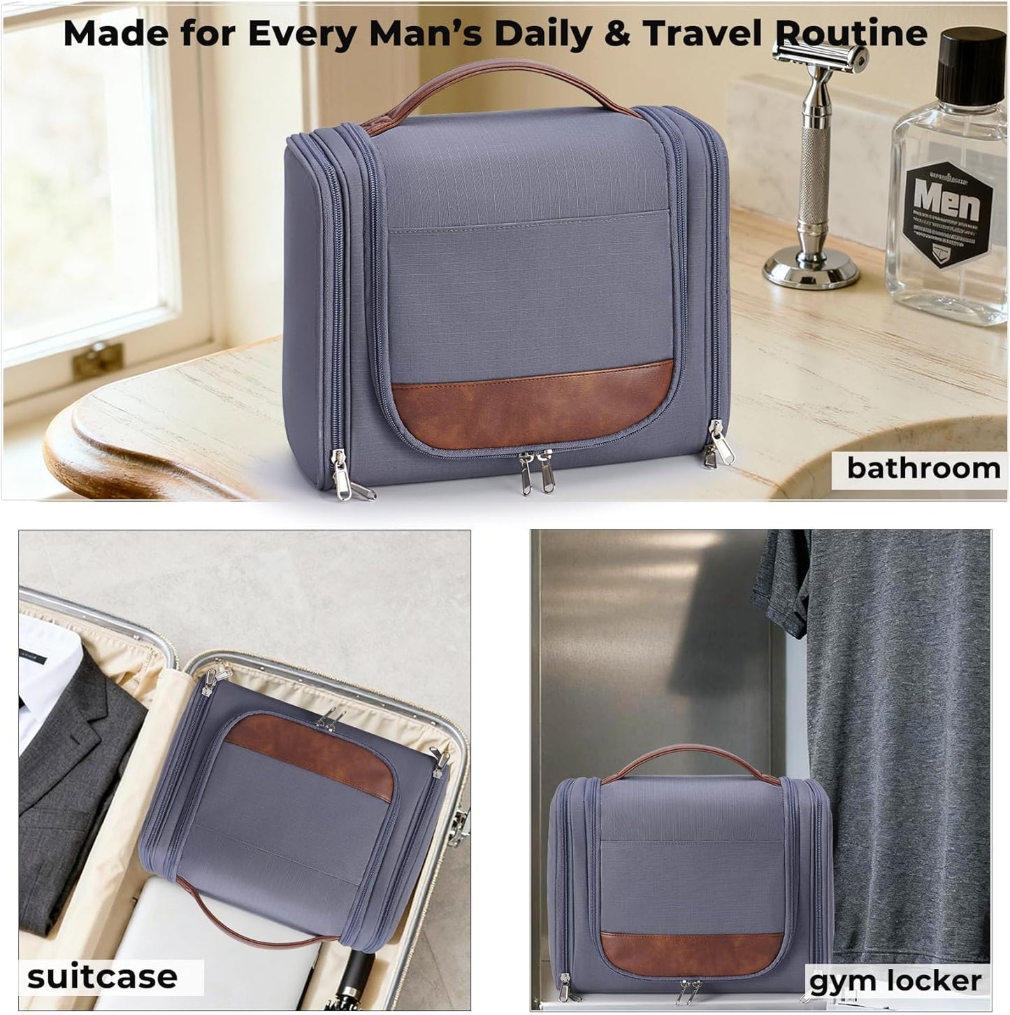 Ralnitote Large Hanging Toiletry Bag for Men, Travel Bathroom Bag with Hook, Hygiene Bag Organizer for Shower, Shaving & Grooming Essentials, Gray