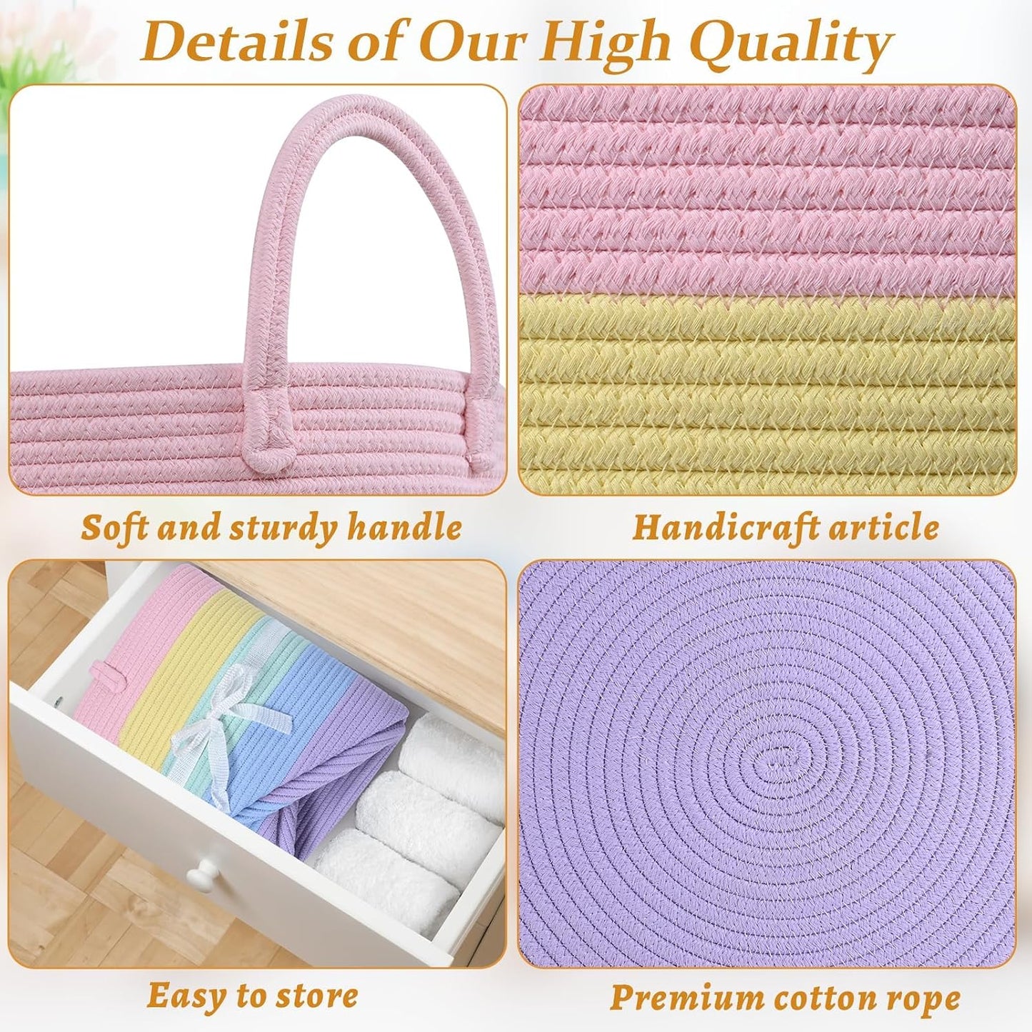 Laundry Hamper for Organizing, 52L Large Laundry Baskets, Cotton Rope Woven Blanket Basket, Collapsible Laundry Hamper for Living Room, Nursery, 15"×18", Light Rainbow