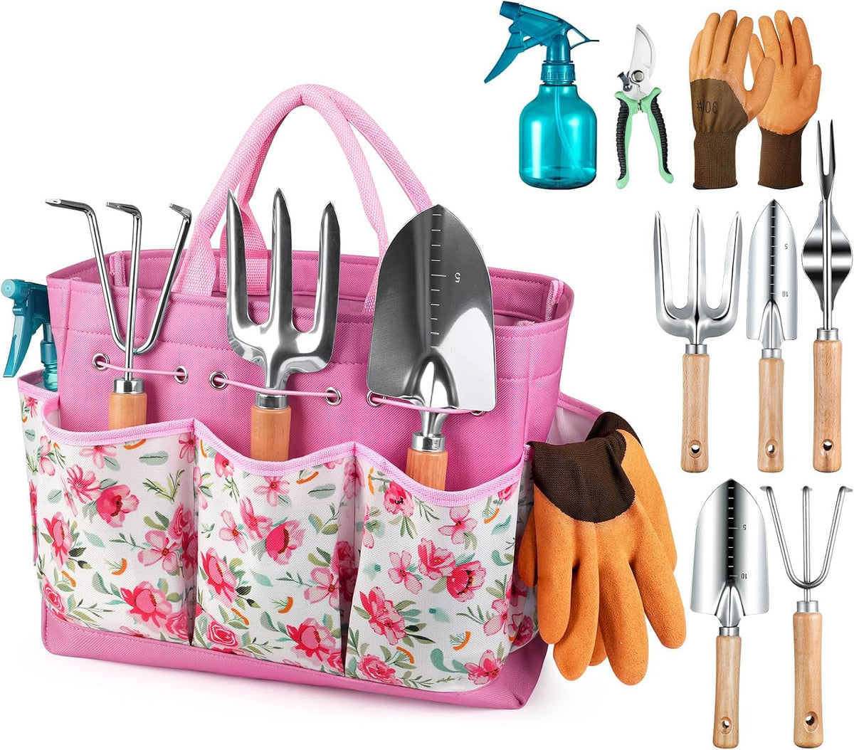 Grenebo 9-Piece Gardening Tools Set with Fashion Handbag, Black Red
