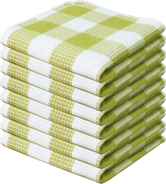 Waffle Weave Plaid Dish Cloth, Dish Cloth 12x12"Set/ 8 - LightGreen & White