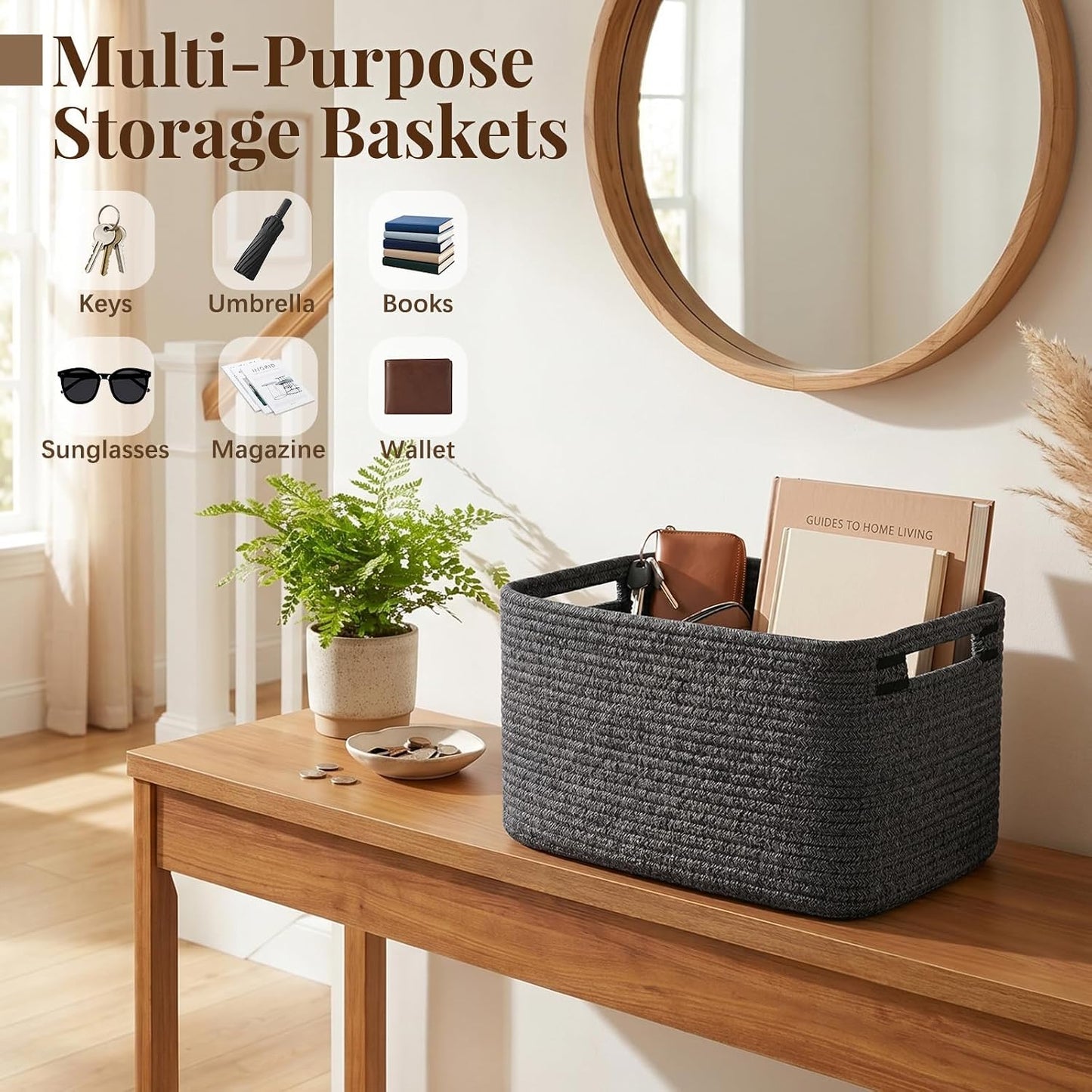 OIASKET 4Packs Natural Cotton Rope Storage Baskets for Organizing Toys, Clothes, Towels & Books, Soft Versatile Organizers for Shelves, Home Decorative Bins, 13''Lx9''Wx7.8''H, Black and White