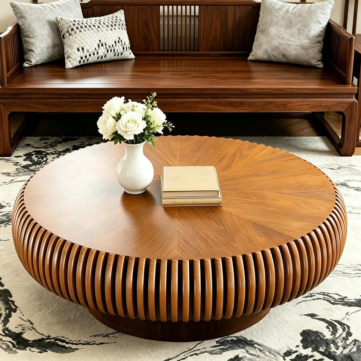 39 inch Brown Round Fluted Wood Drum Coffee Table (J, 1PC)