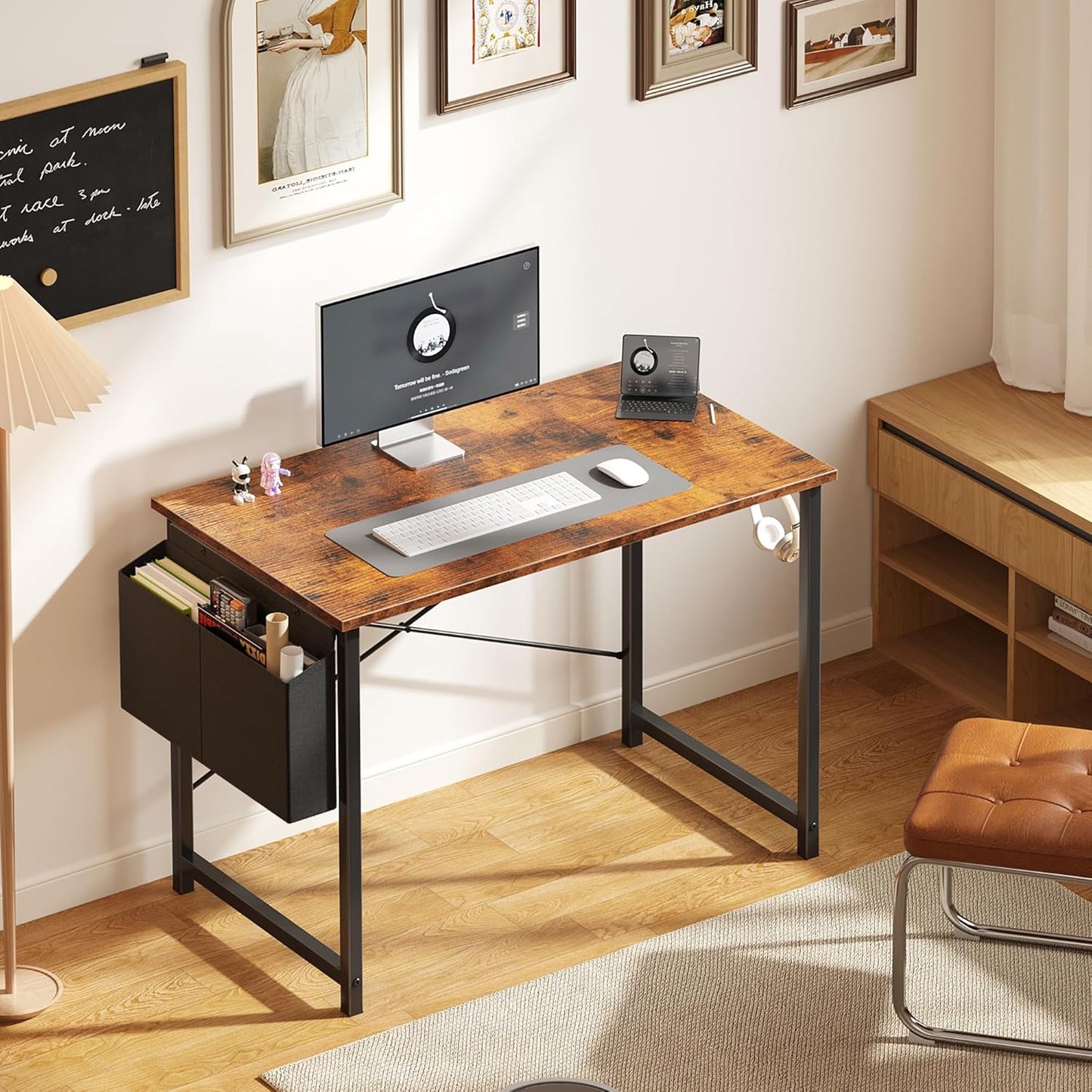 OLIXIS Computer Desk 40 Inch Home Office Desks for Small Spaces, Gaming Writing Study Work Table with Storage Bag and Headphone Hook for Bedroom, Rustic Brown