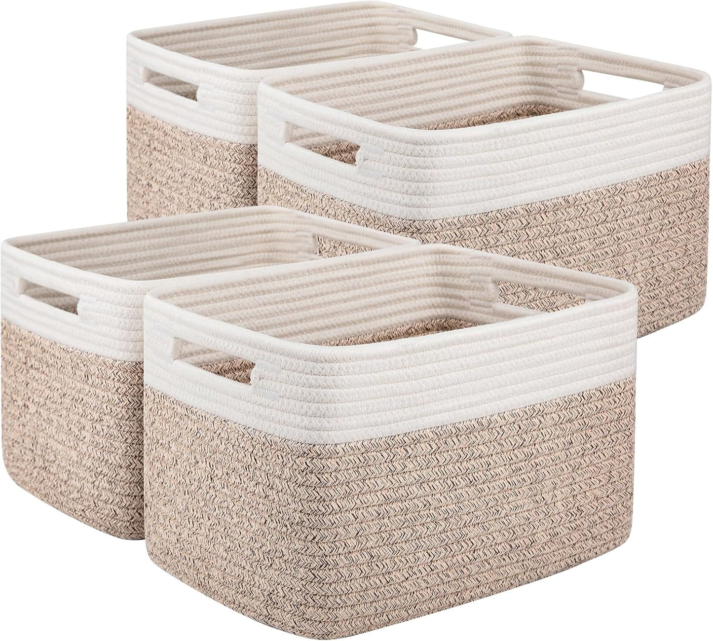 OIAHOMY 4 Pack Storage Basket, 13"x9"x7.8" Cotton Rope Baskets for Shelves, Closet Organizer for Bedroom & Living Room, Soft Decorative Bins for Organizing Towels, Books & Toys, Brown & White