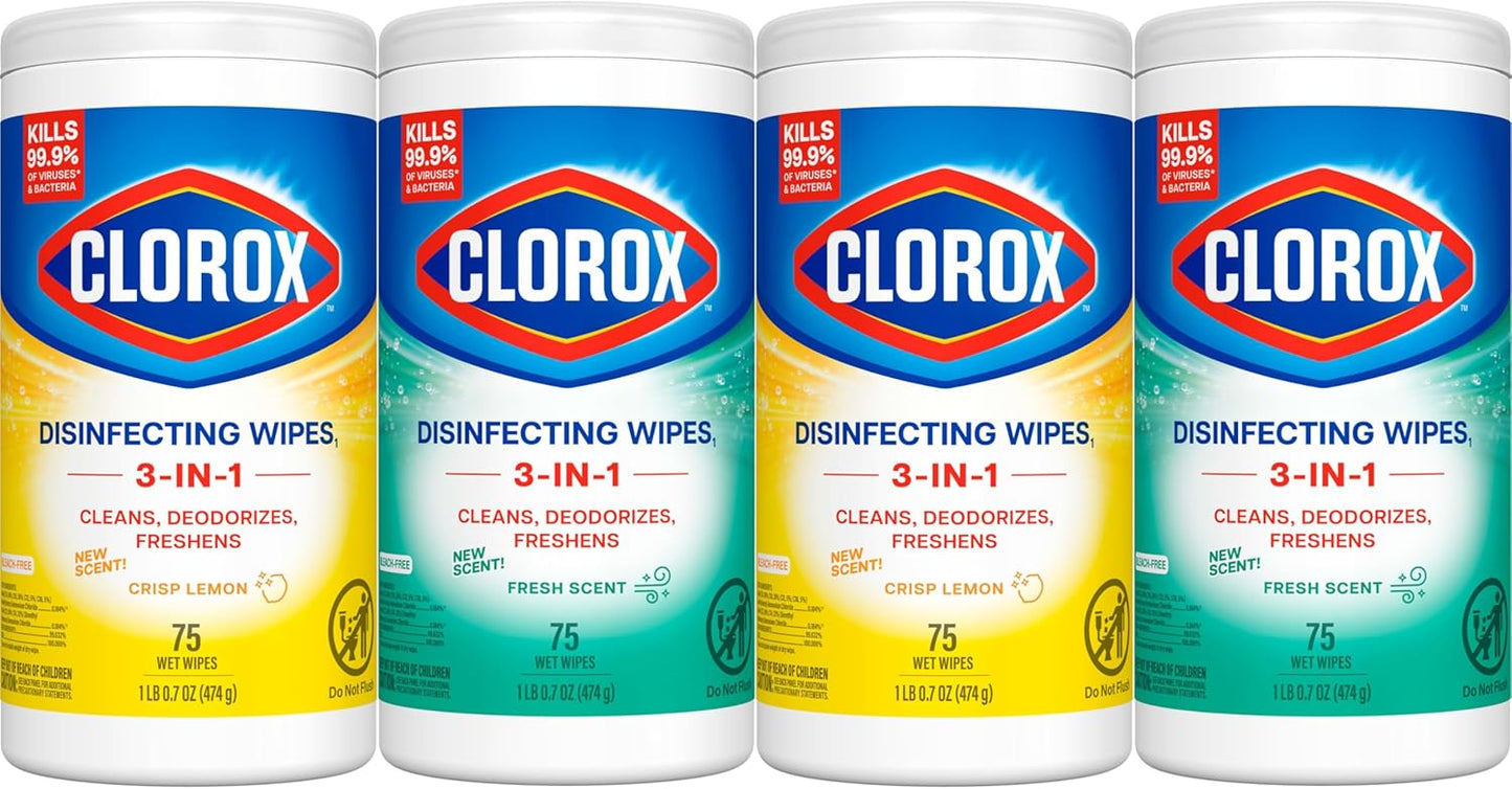 Clorox Disinfecting Wipes Variety Pack, Bleach-Free, Kills 99.9% of Germs and Viruses Including COVID-19, 75 Count, Pack of 4
