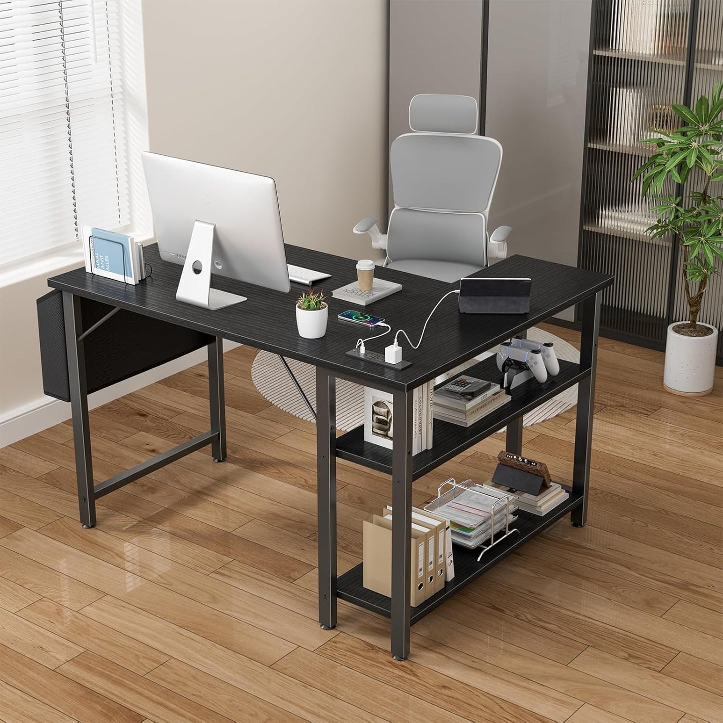 Lufeiya Small L Shaped Desk with Power Outlet Shelves, 40 Inch Corner Computer Desk for Small Space Home Office, L-Shaped Gaming Desk PC Desks with Charging Station, Black