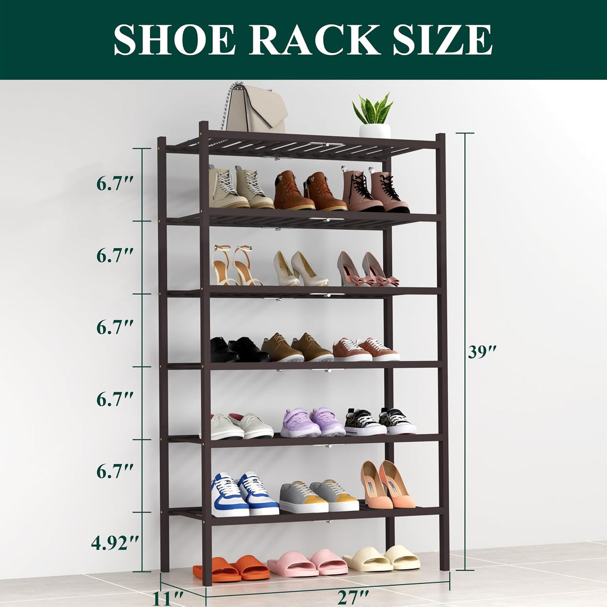 Smiry Bamboo Shoe Rack, 14 Vertical Slats, 6 Tier - 26.8" Wide, Brown